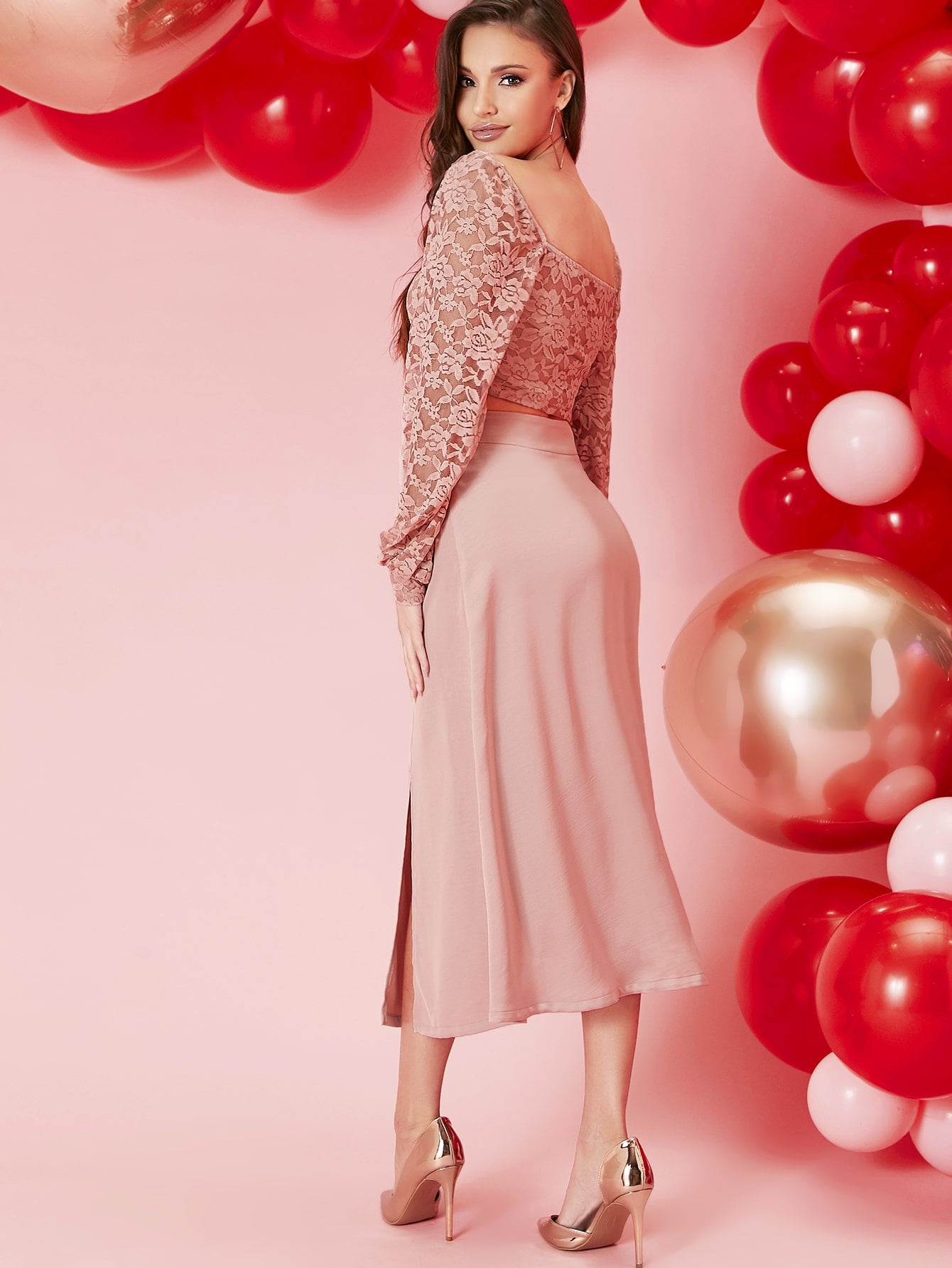 Lantern Sleeve Lace Crop Top & Split Hem Skirt Set