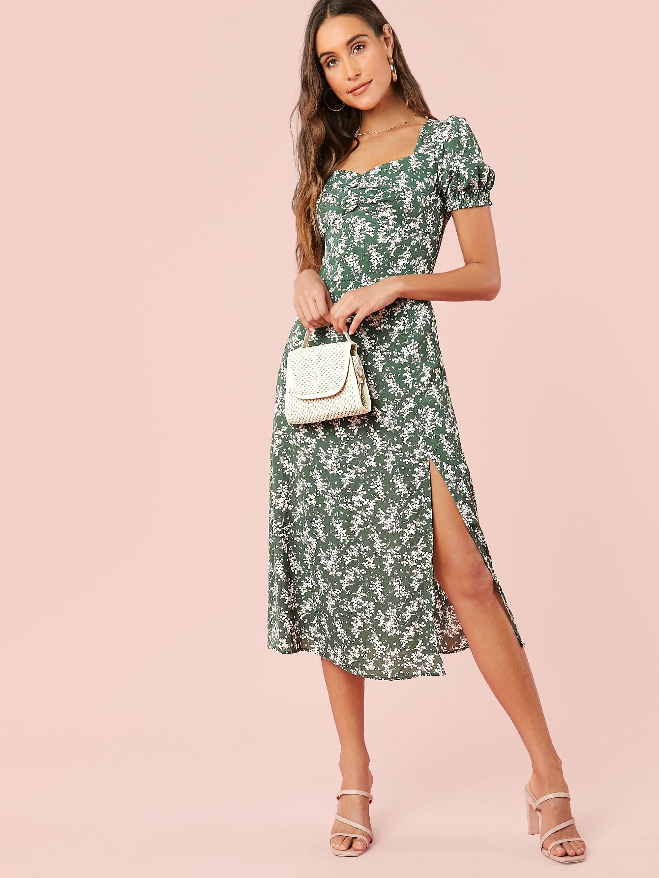 Puff Sleeve Ruched Front Split Thigh Ditsy Floral Dress