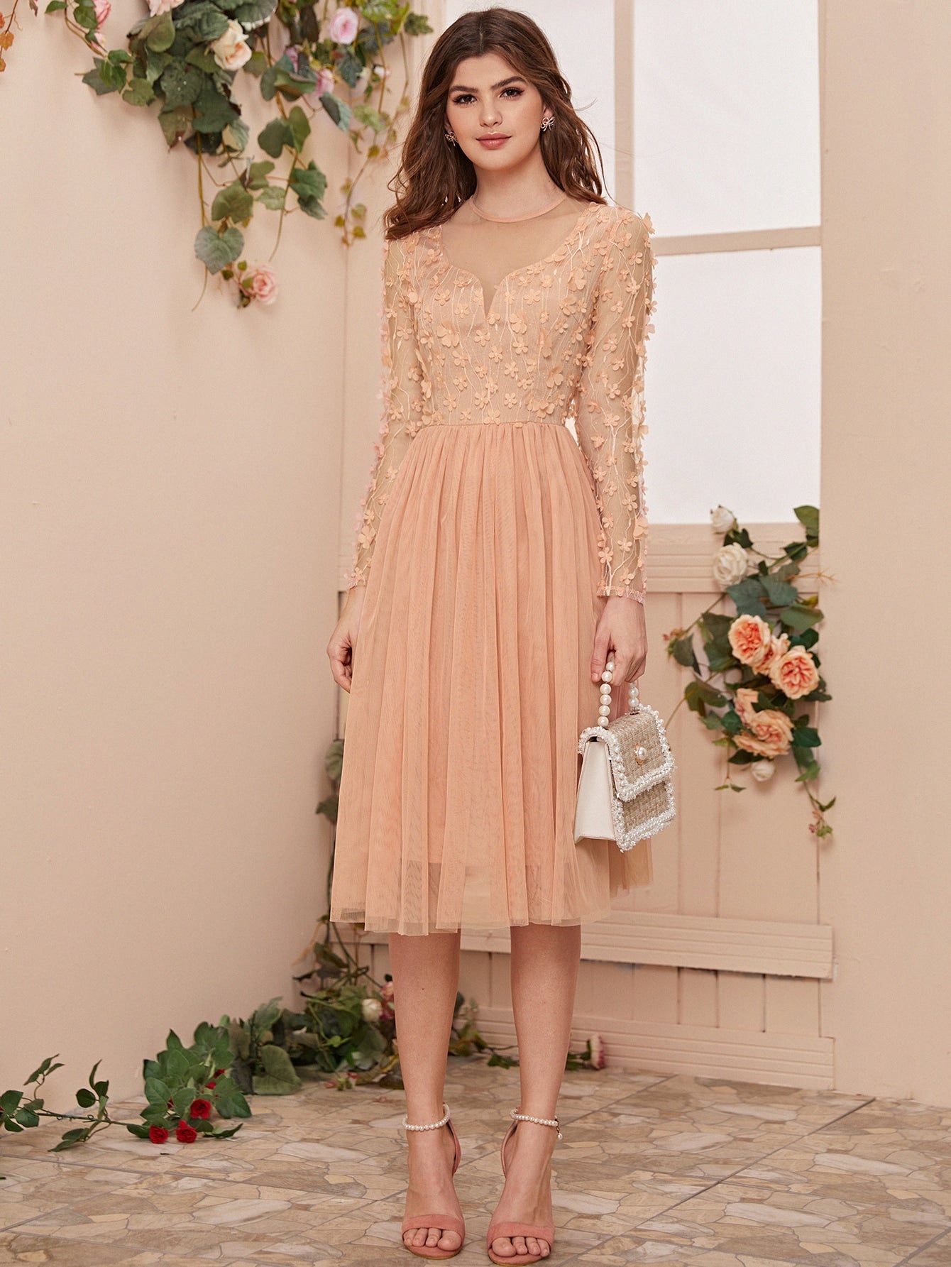 Applique Mesh Overlay Dress