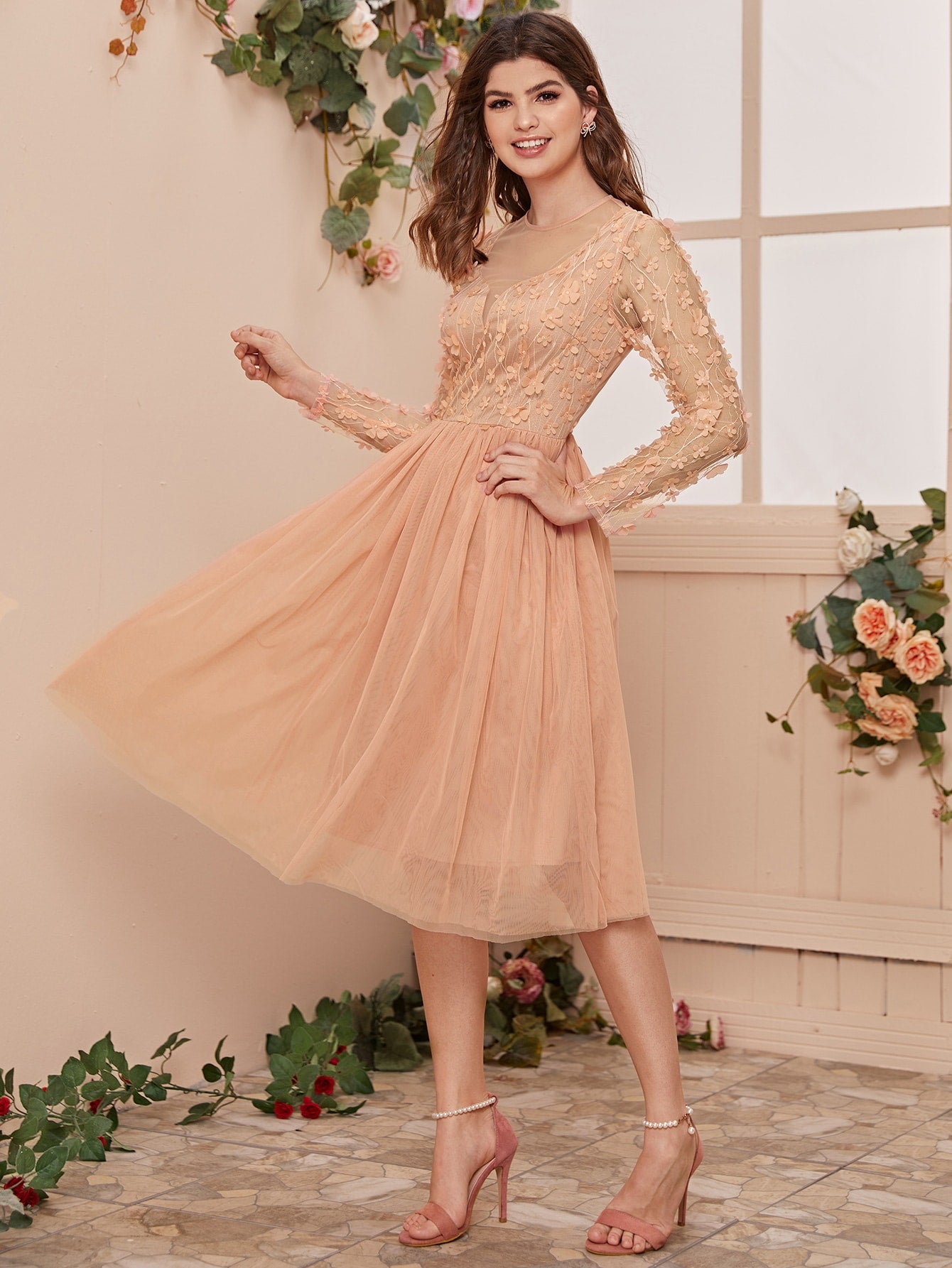 Applique Mesh Overlay Dress
