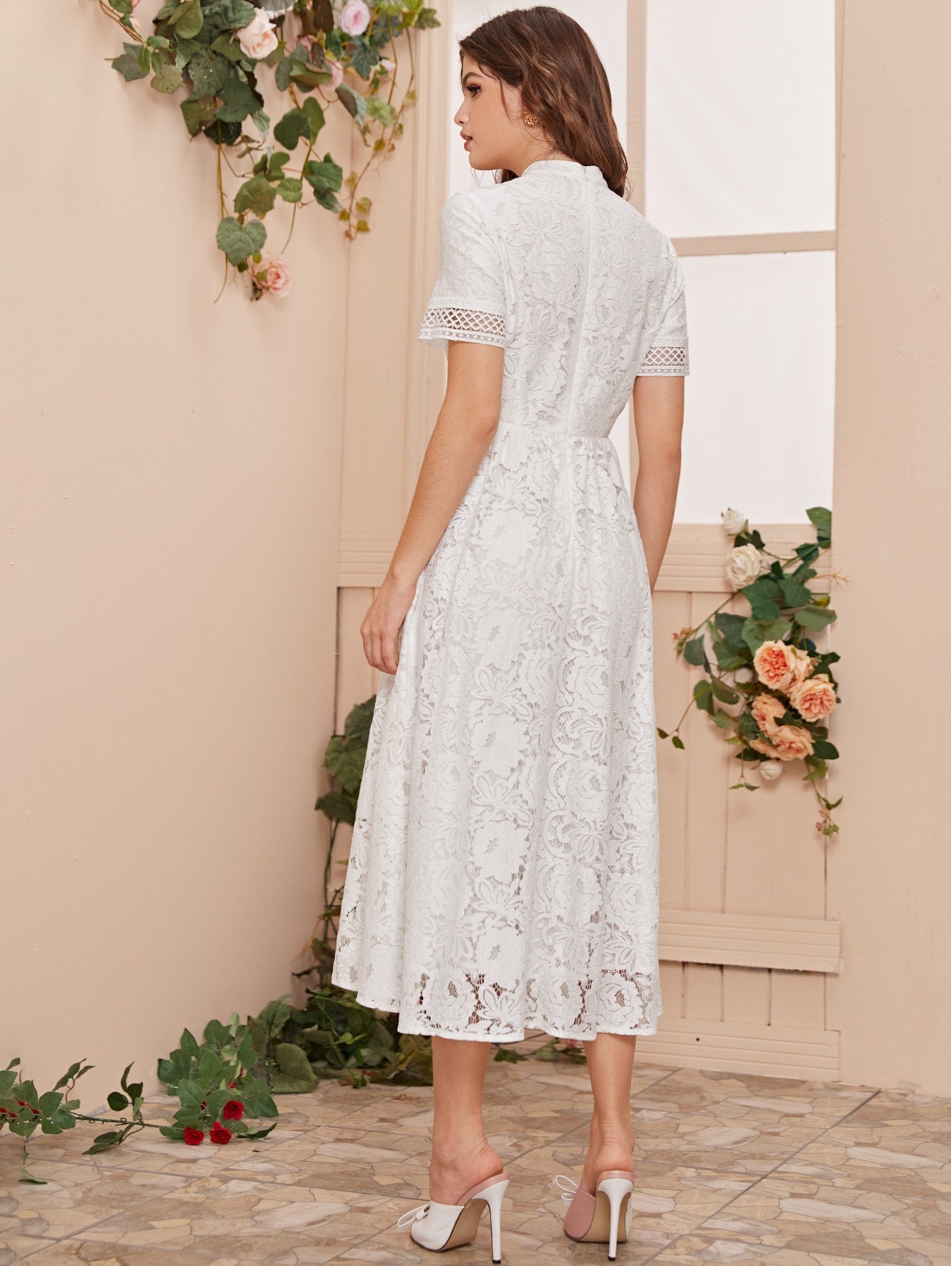 Mock Neck Eyelet Tape Insert Lace Dress