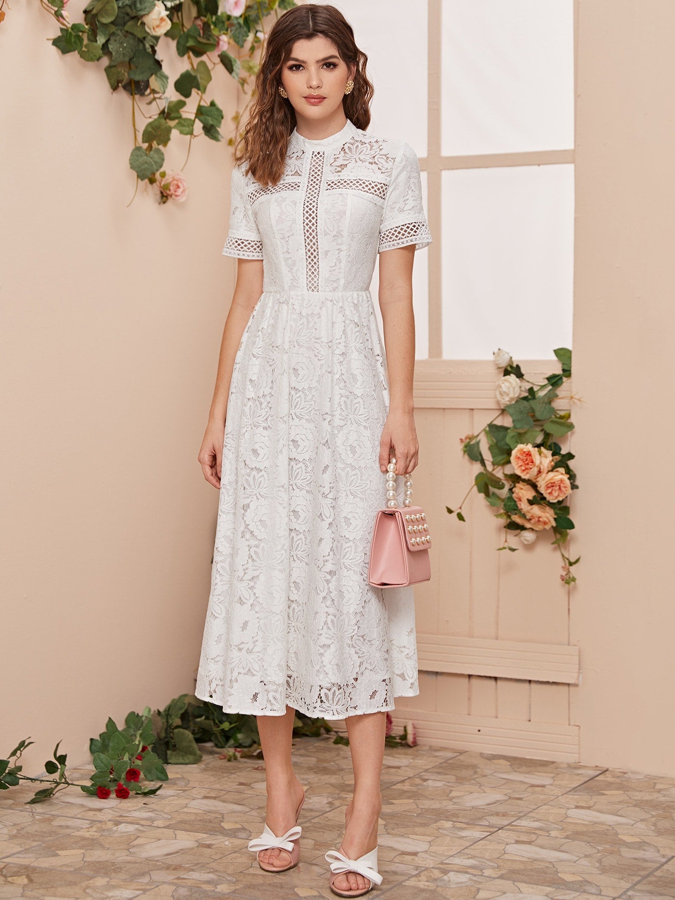 Mock Neck Eyelet Tape Insert Lace Dress