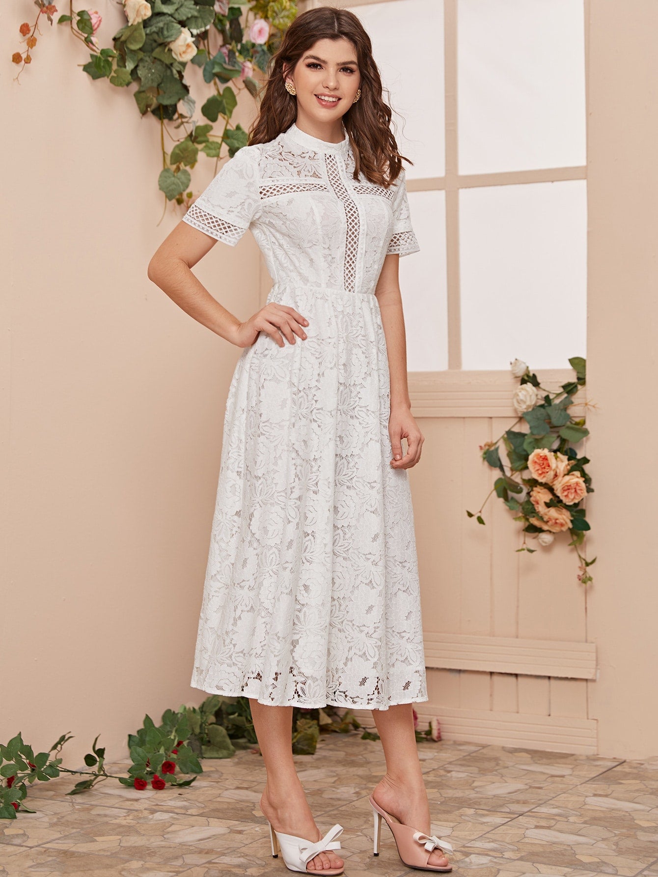 Mock Neck Eyelet Tape Insert Lace Dress