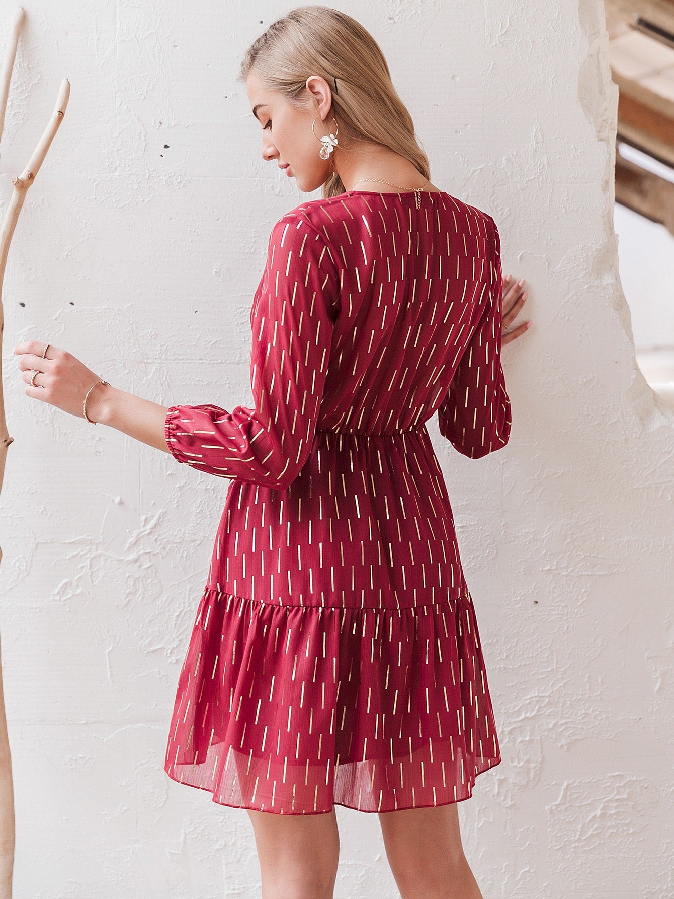 Buttoned Tie Front Allover Print Dress
