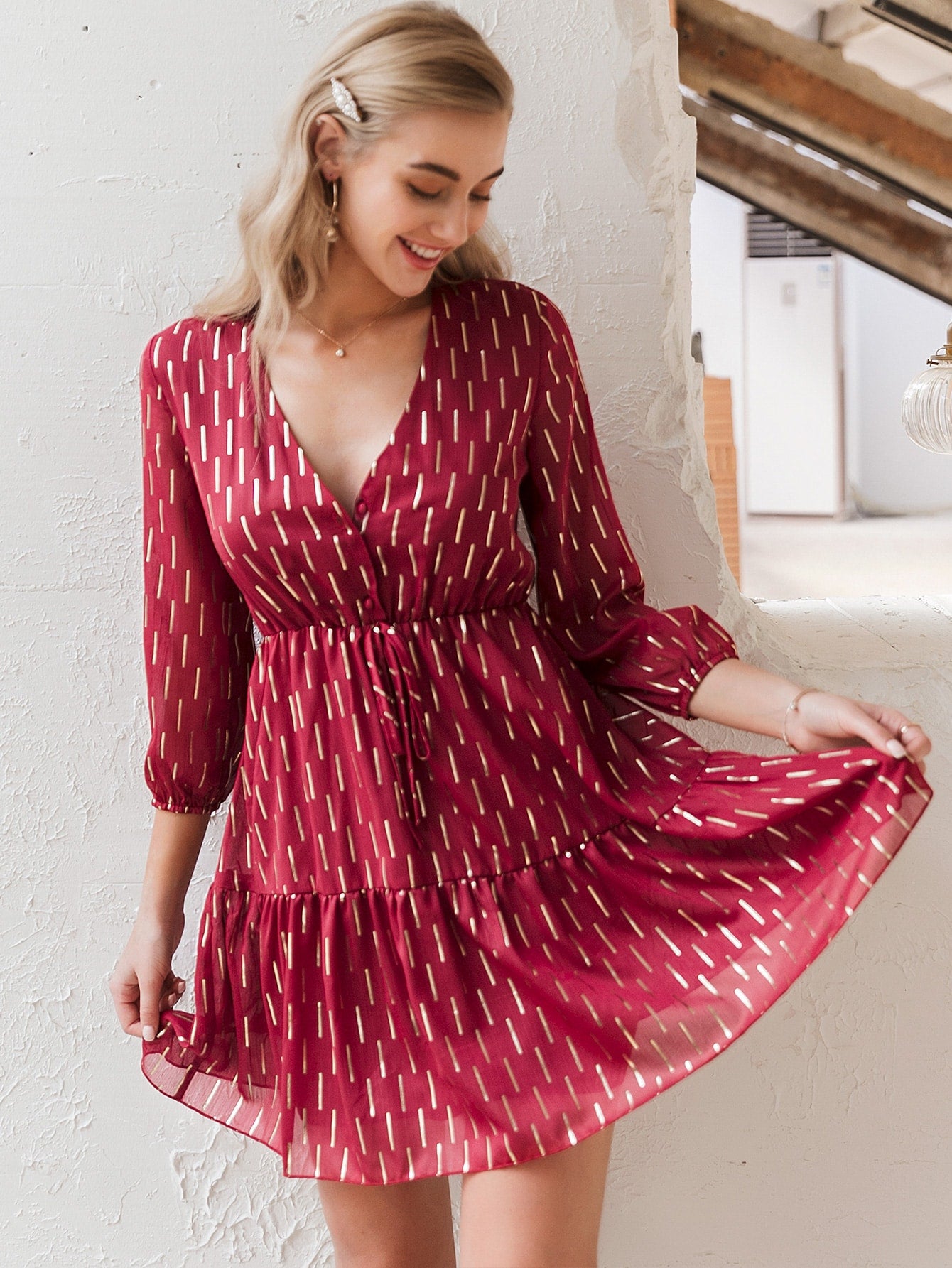 Buttoned Tie Front Allover Print Dress