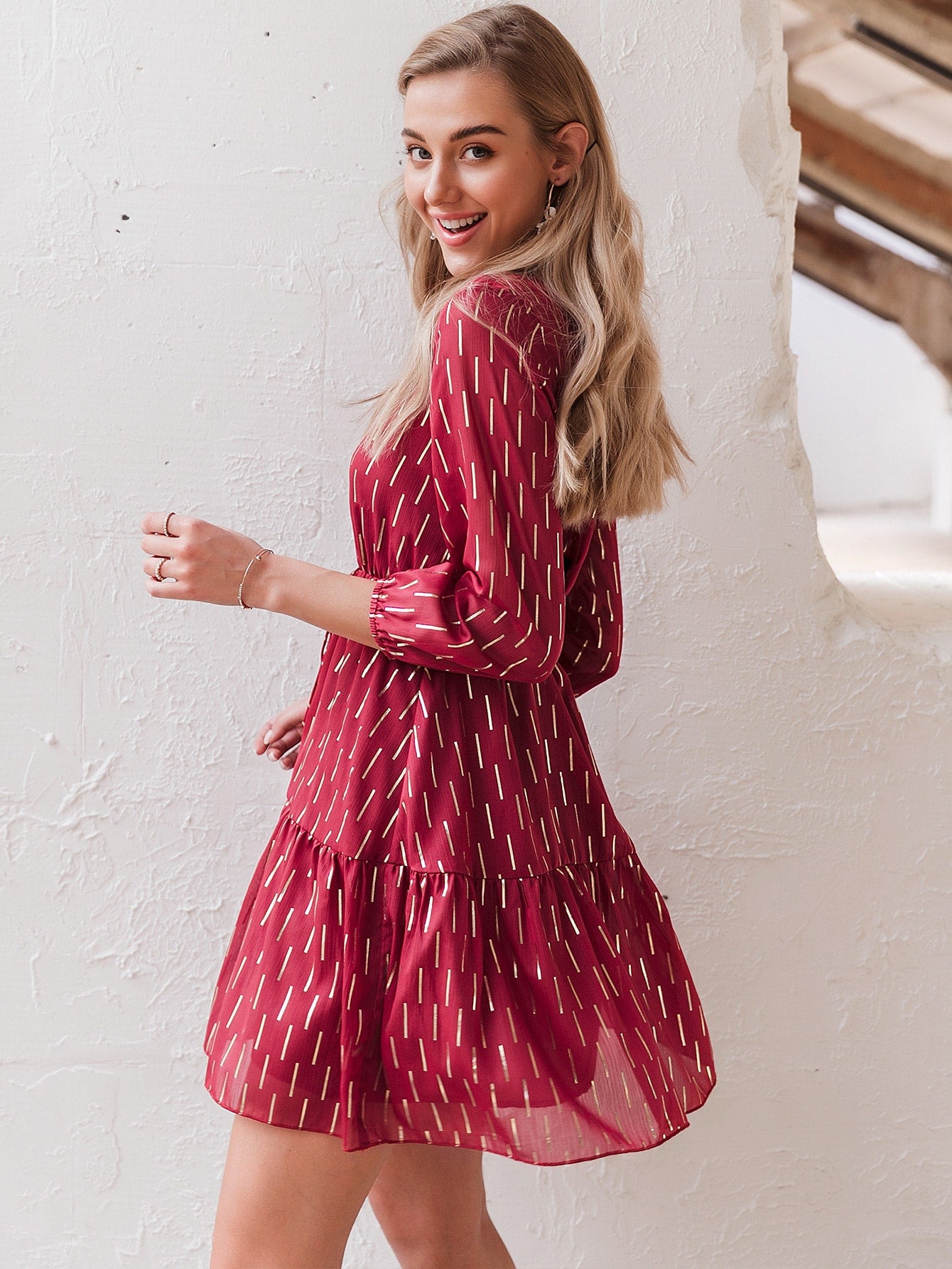 Buttoned Tie Front Allover Print Dress