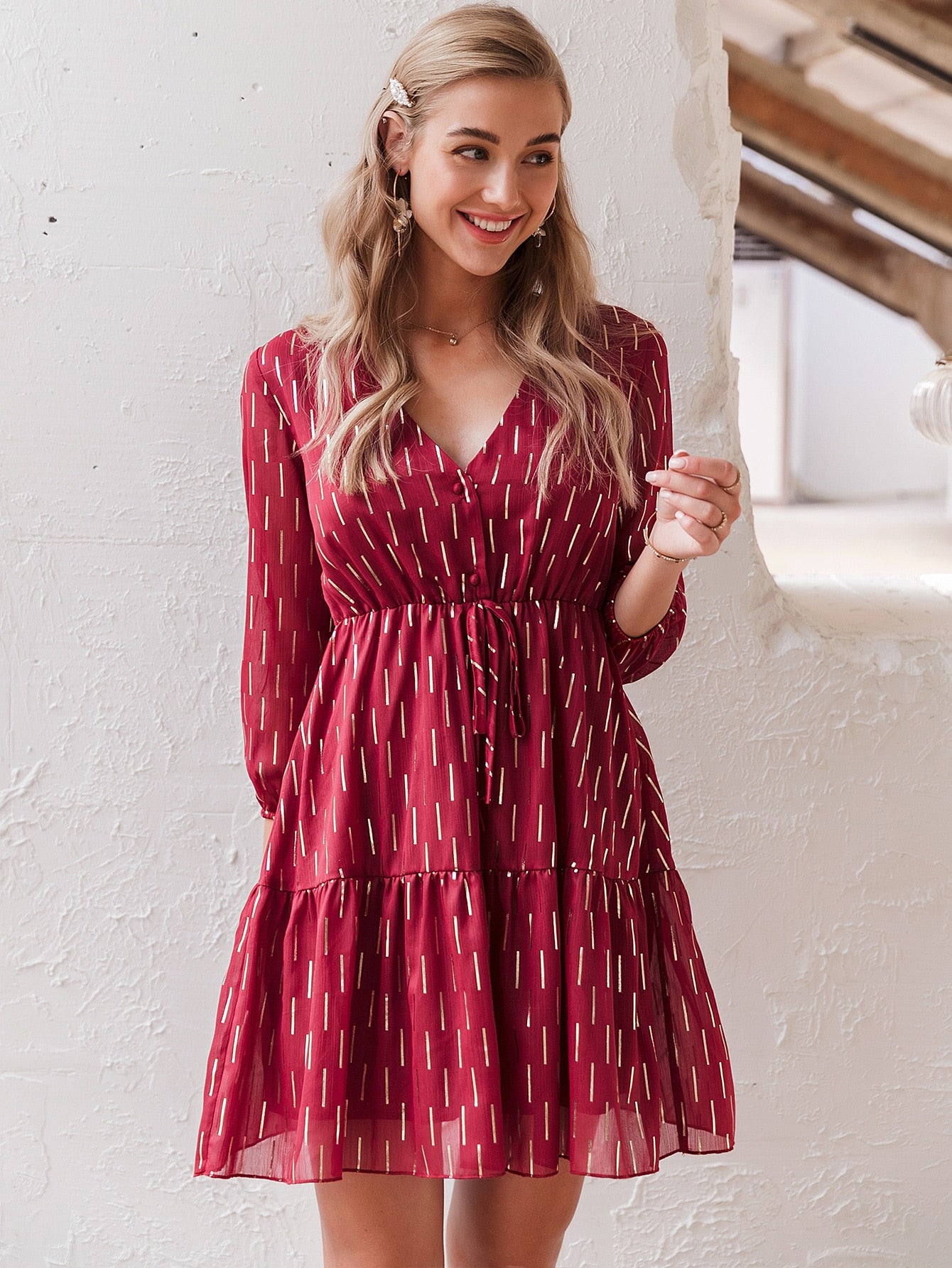 Buttoned Tie Front Allover Print Dress