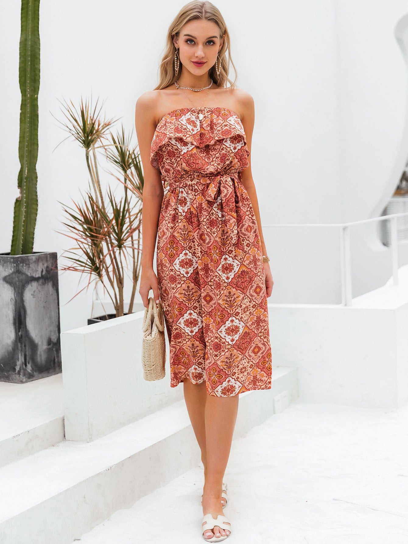Ruffle Detail Belted Patchwork Tube Dress