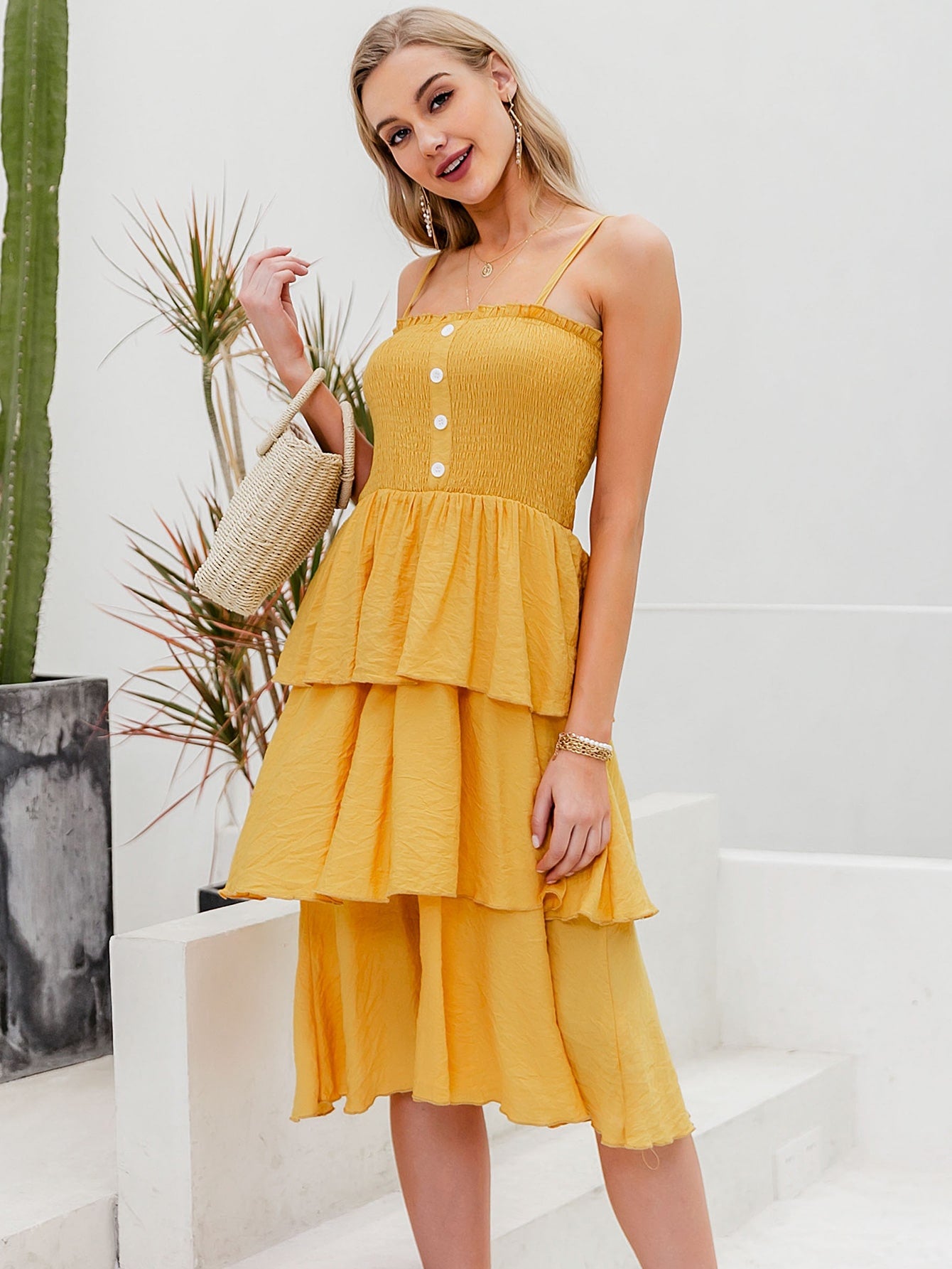 Shirred Detail Layered Hem Slip Dress