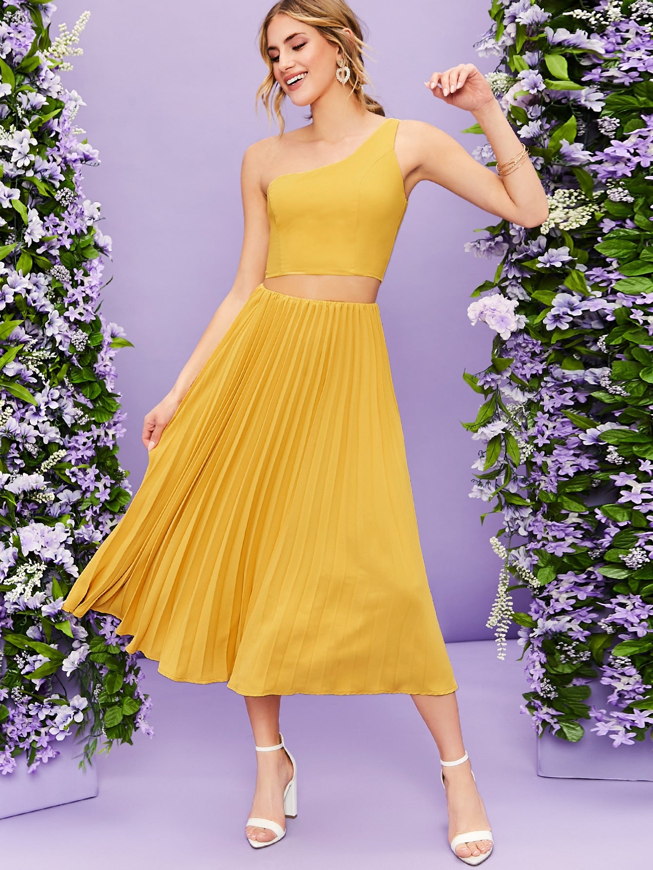 Zipper Back One Shoulder Top & Pleated Skirt Set