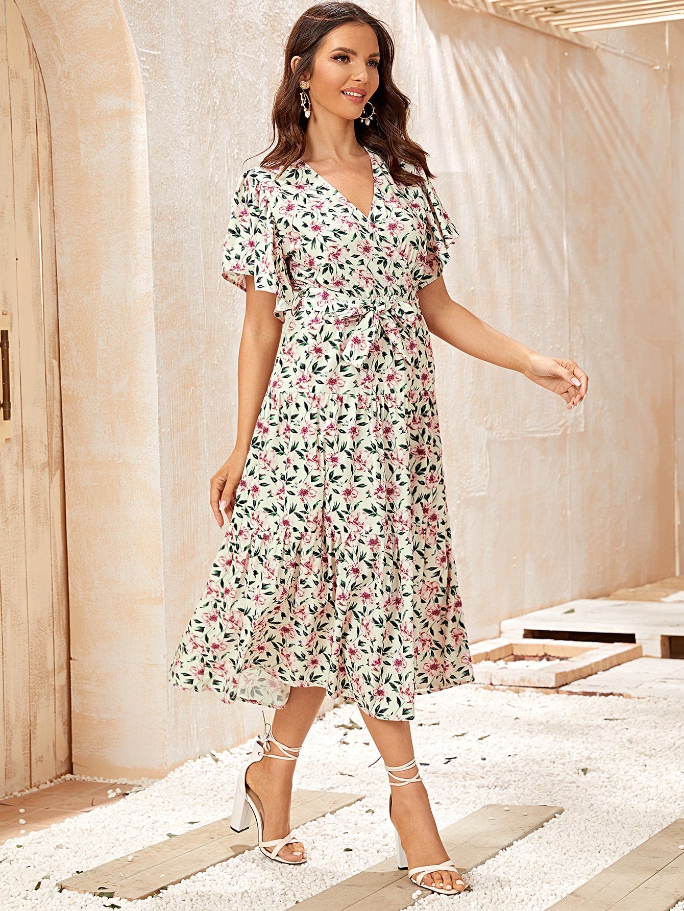 Floral Print Ruffle Hem Belted Dress