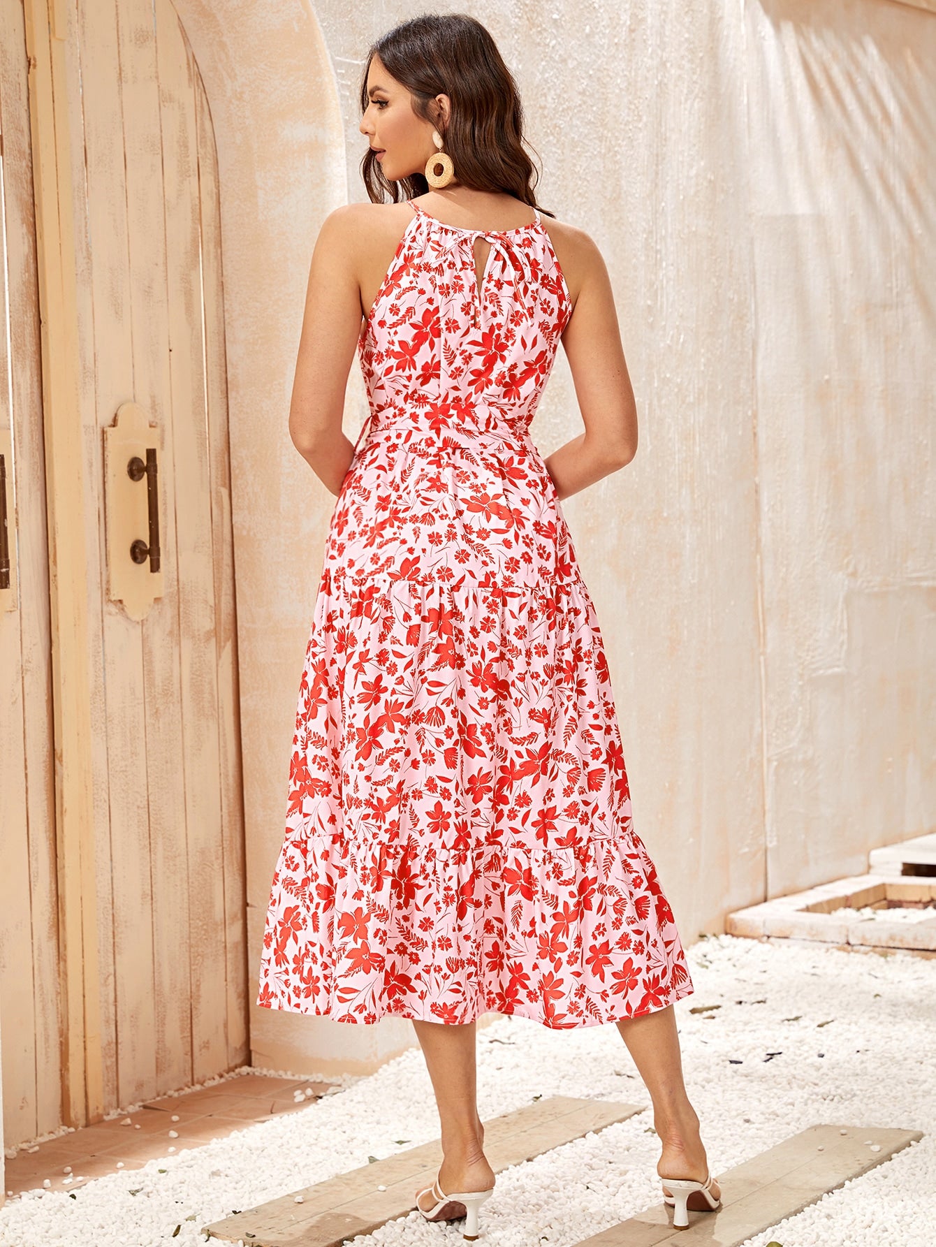 Floral Print Ruffle Hem Belted Halter Dress