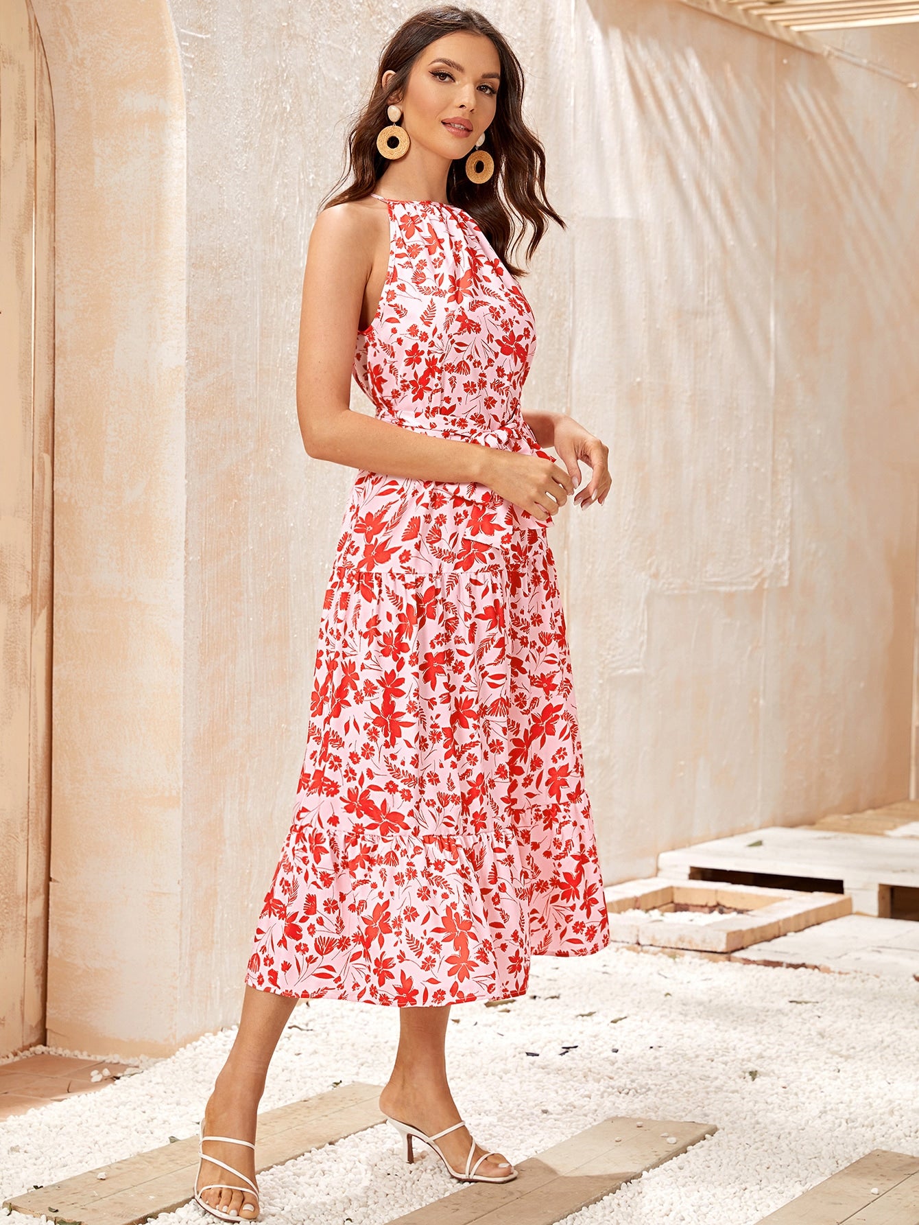 Floral Print Ruffle Hem Belted Halter Dress
