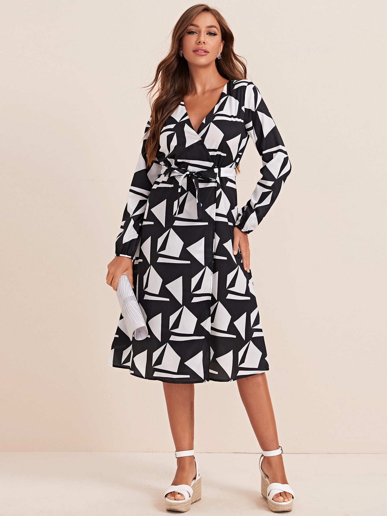 Geo Print Belted Wrap Dress