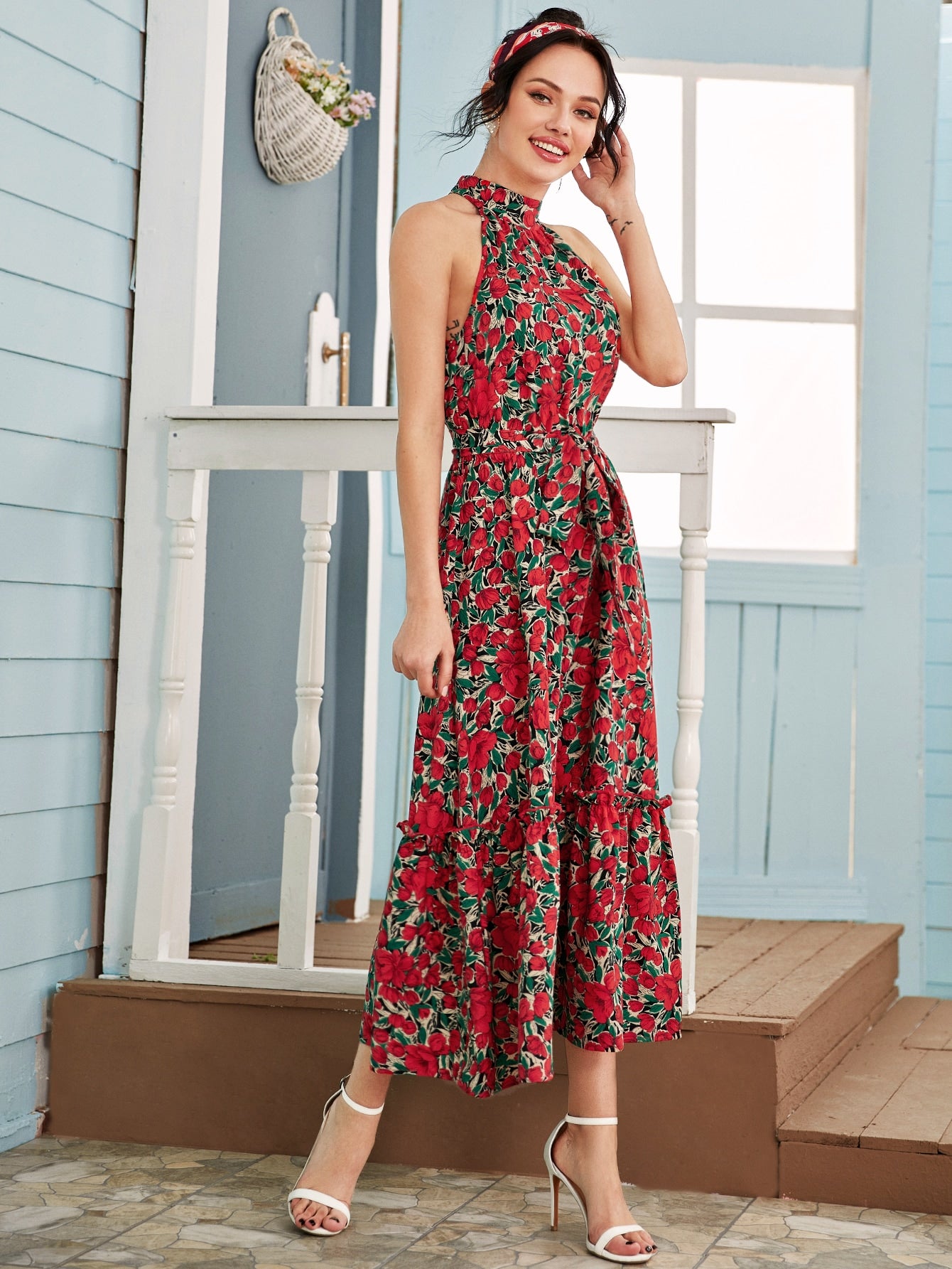 Floral Print Belted Halter Dress
