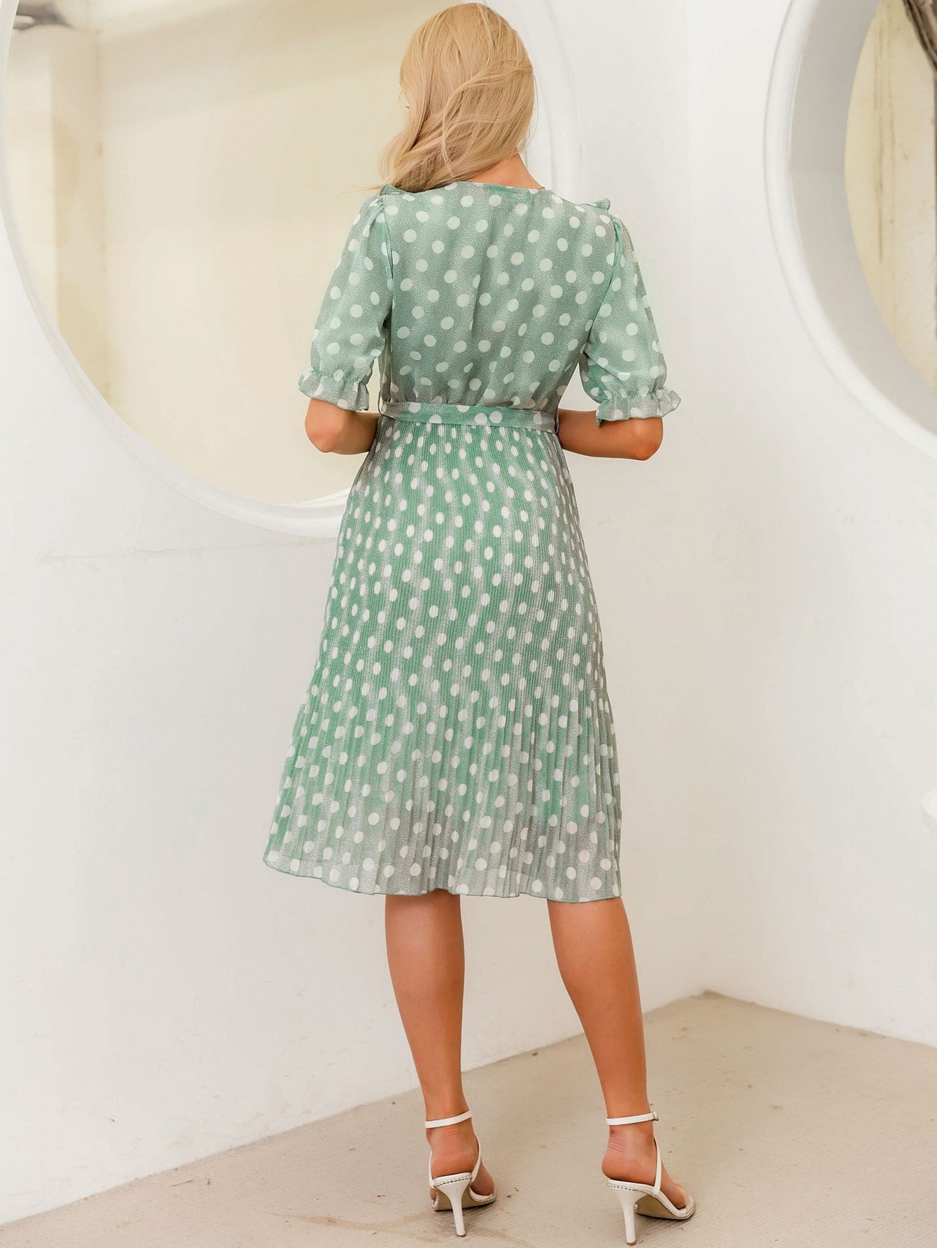 Ruffle Trim Belted Pleated Polka Dot Dress