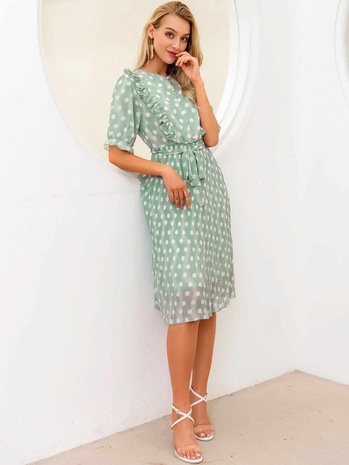 Ruffle Trim Belted Pleated Polka Dot Dress
