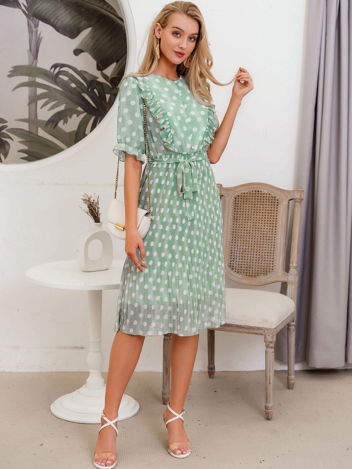Ruffle Trim Belted Pleated Polka Dot Dress