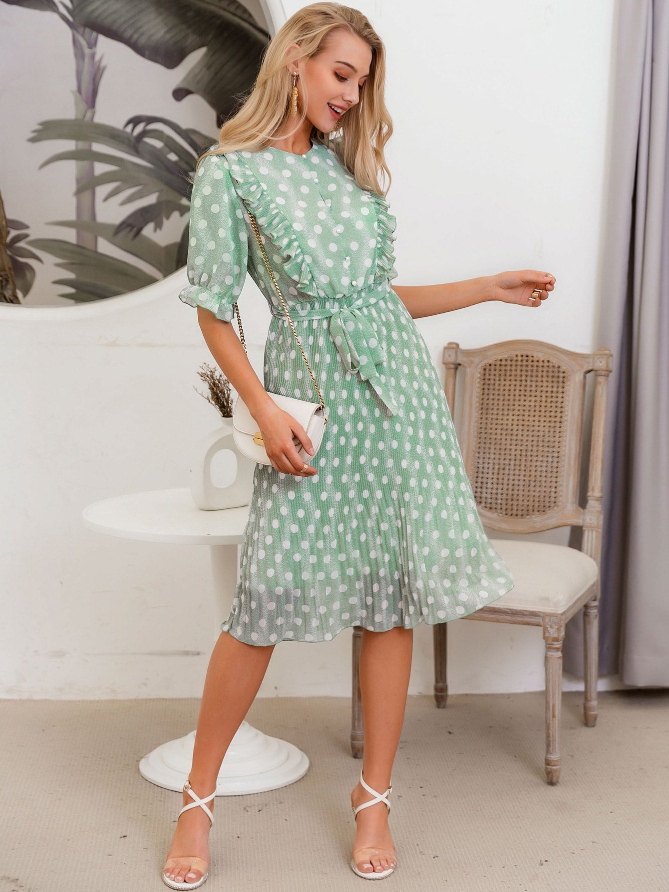 Ruffle Trim Belted Pleated Polka Dot Dress