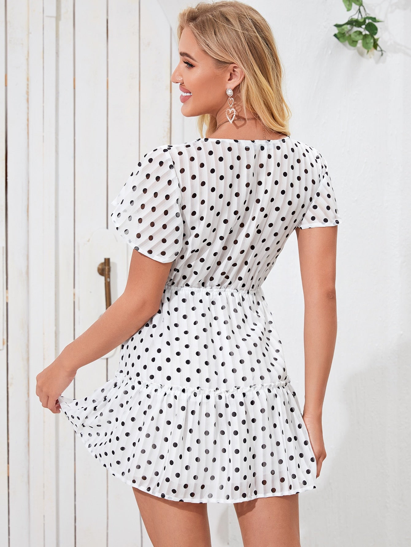 Amy's Cart Polka Dot Drawstring Surplice Neck A-line Dress
