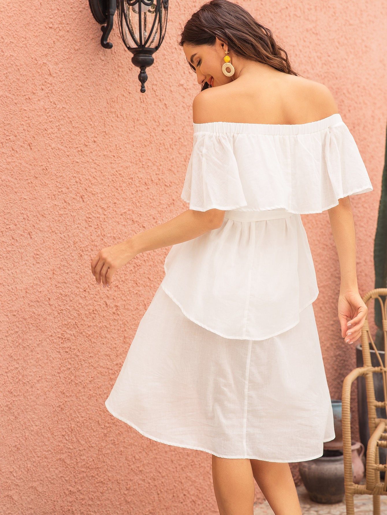 Off The Shoulder Asymmetrical Hem Belted Dress