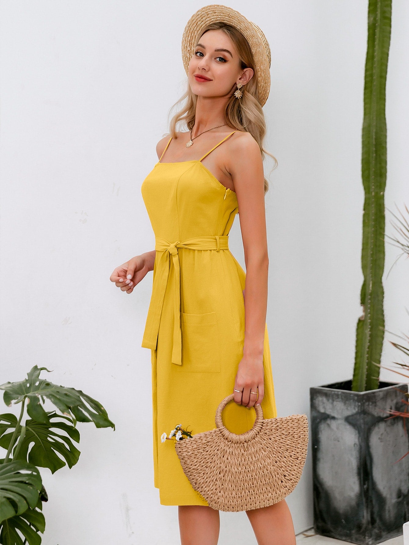 Amy's Cart Belted Button Front Pocket Patched Cami Dress