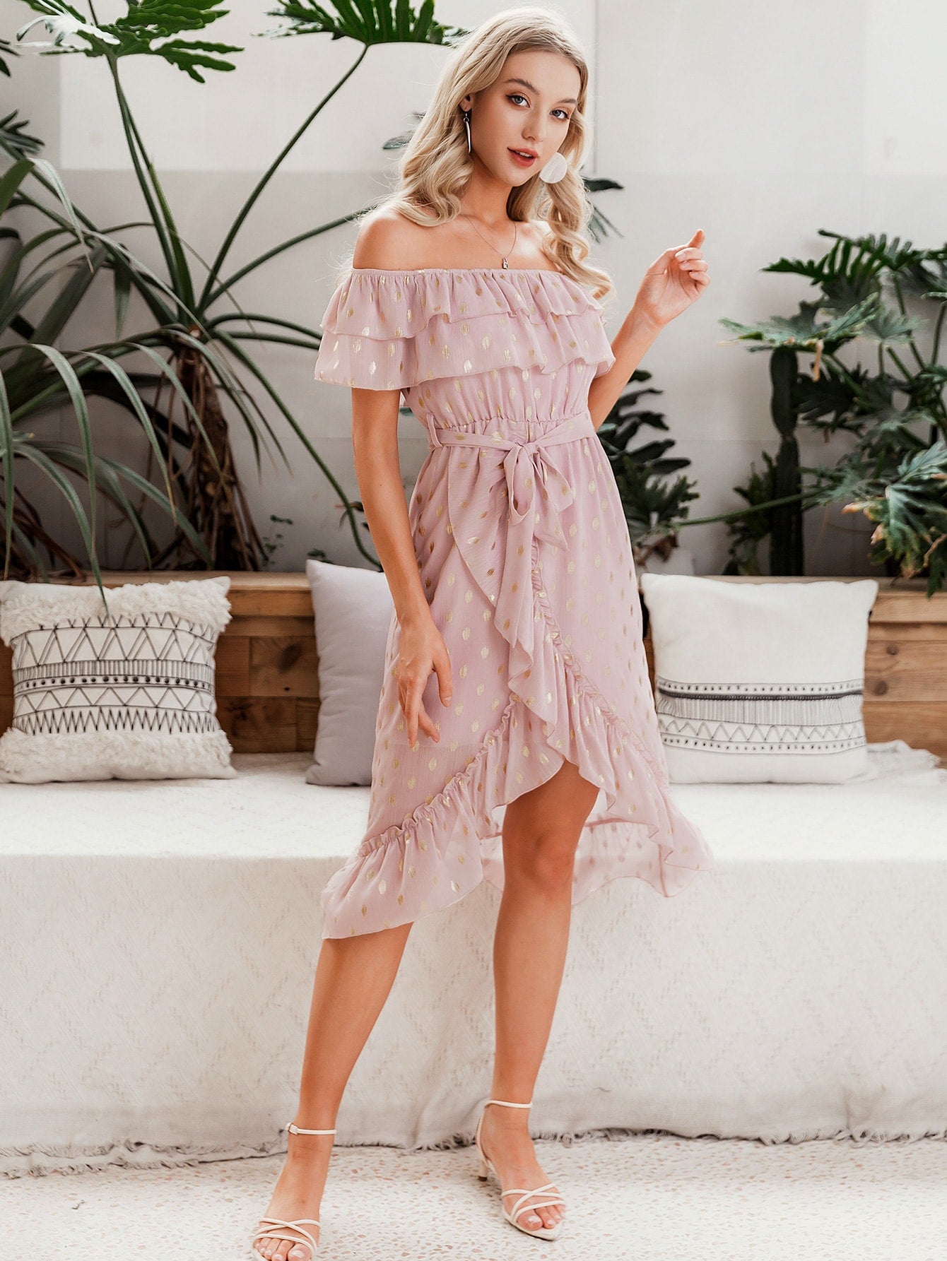 Amy's Cart Off Shoulder Wrap Belted Gold Print Dress