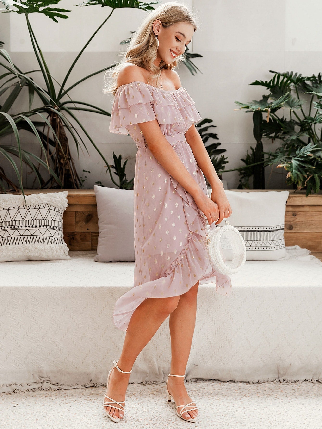 Amy's Cart Off Shoulder Wrap Belted Gold Print Dress