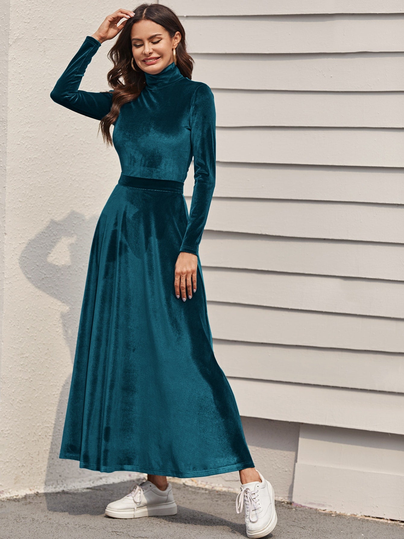 High Neck Fitted Velvet Top & Skirt Set