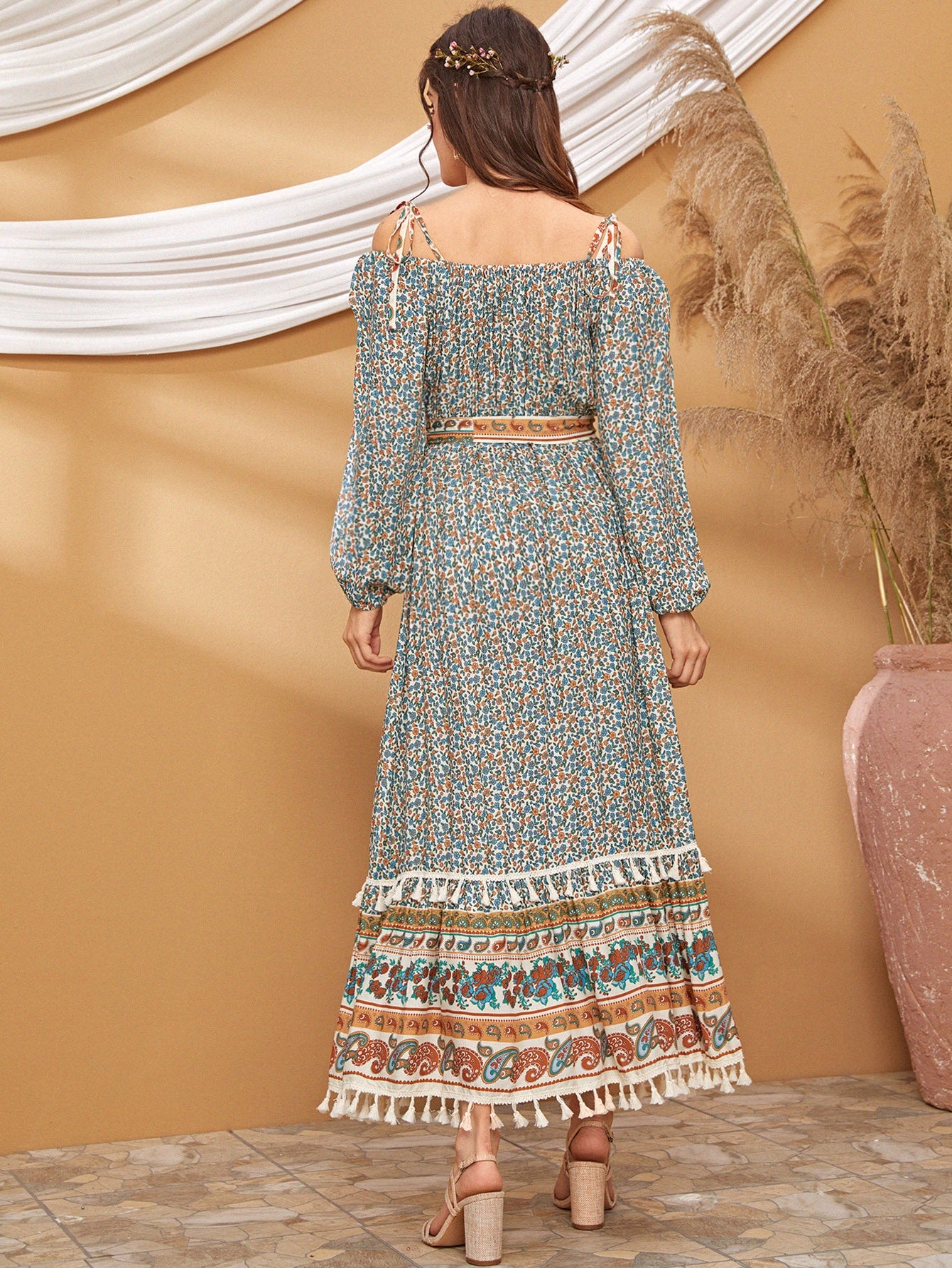 Tie Shoulder Fringe Ruffle Hem Ditsy Floral Dress