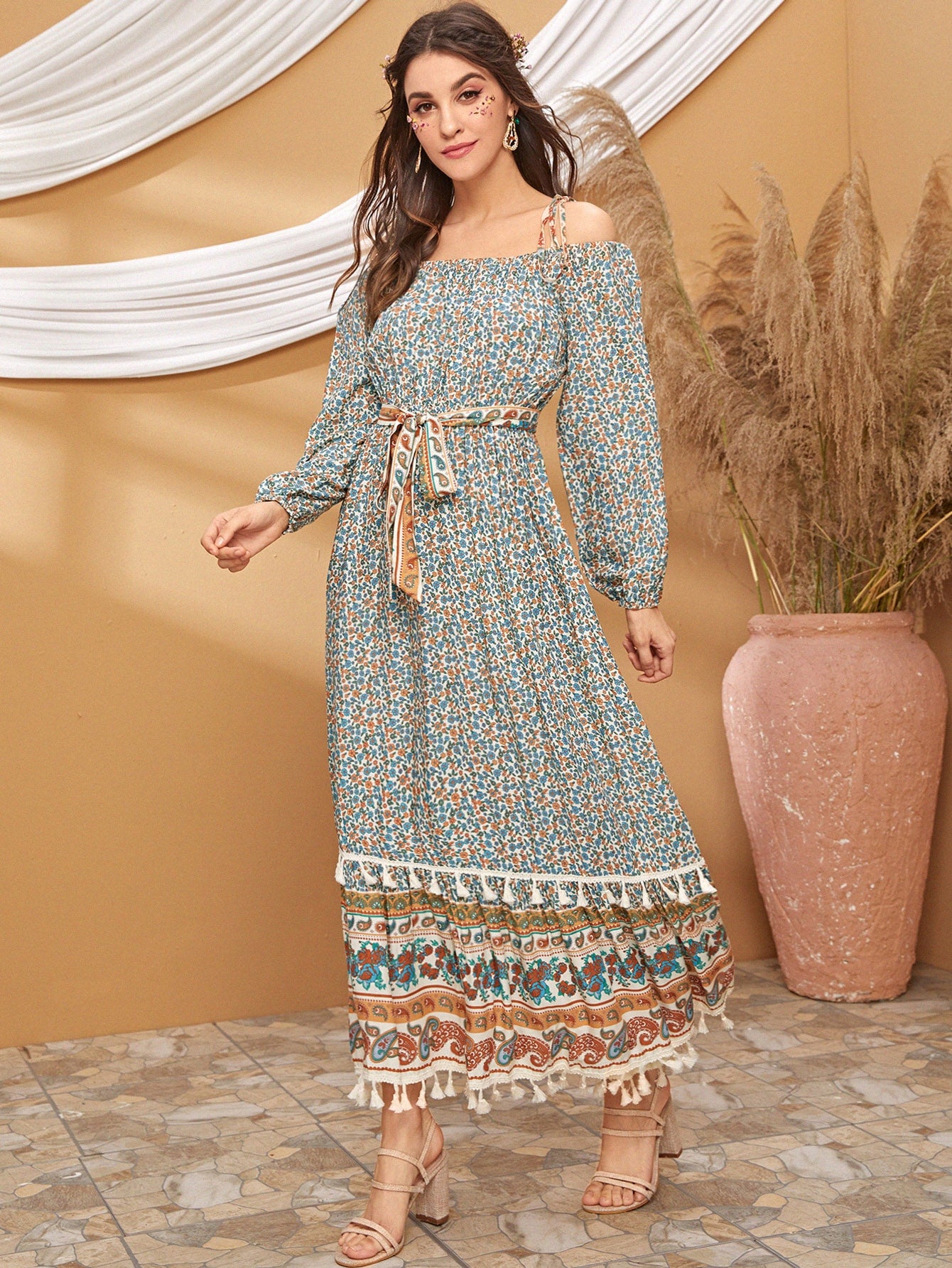 Tie Shoulder Fringe Ruffle Hem Ditsy Floral Dress