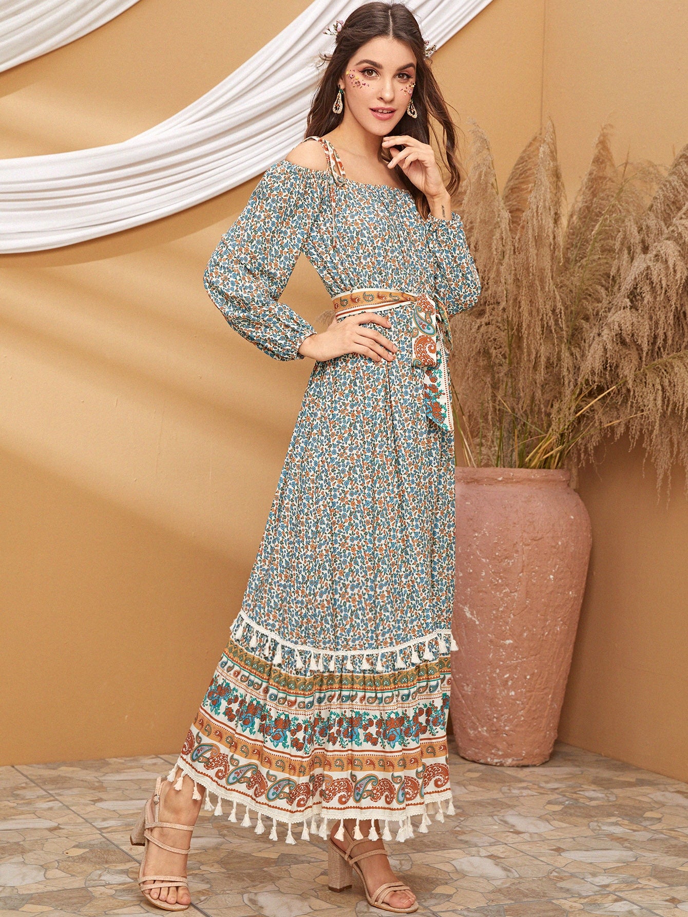 Tie Shoulder Fringe Ruffle Hem Ditsy Floral Dress