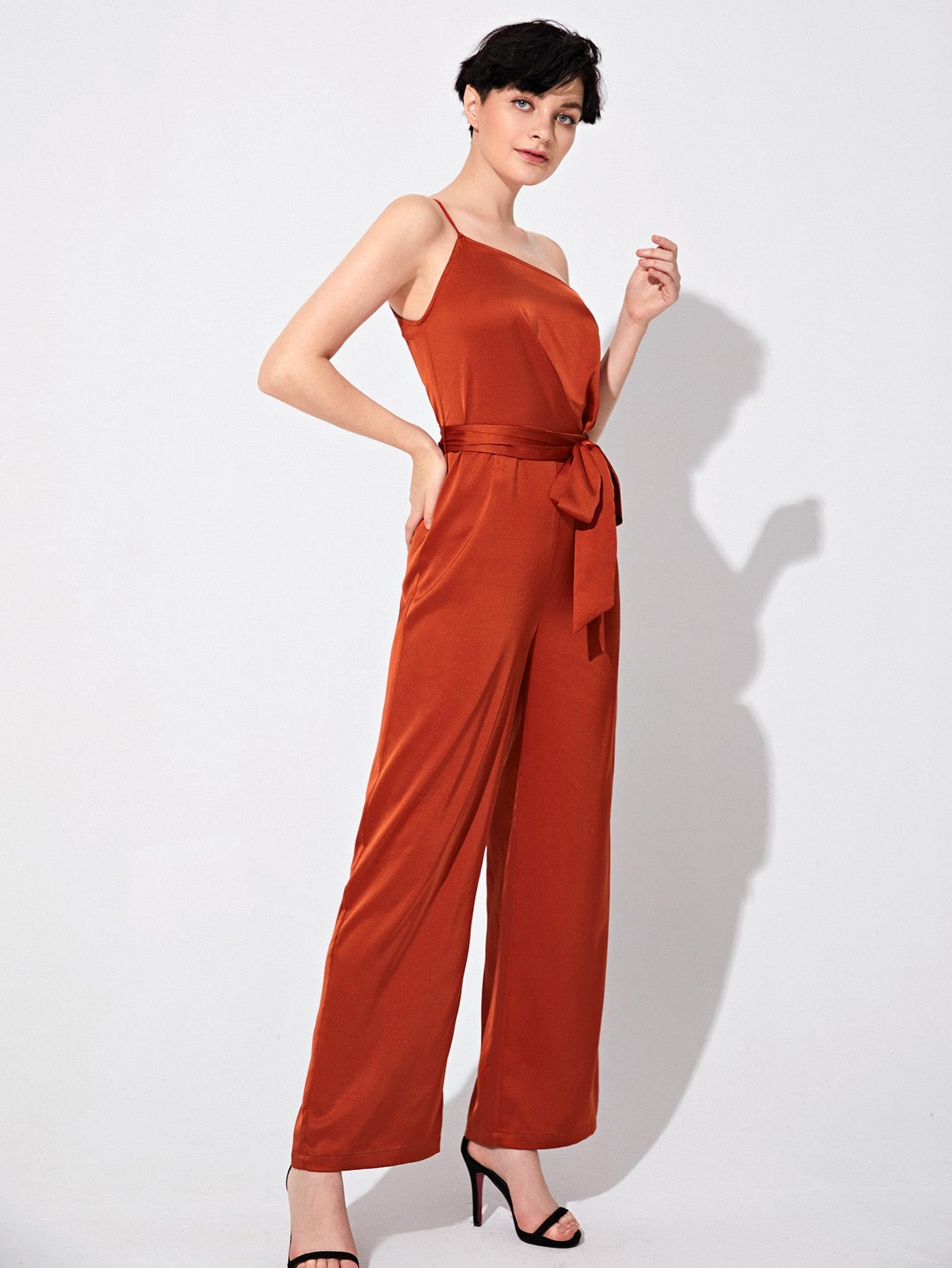 One Shoulder Self Belted Wide Leg Satin Jumpsuit