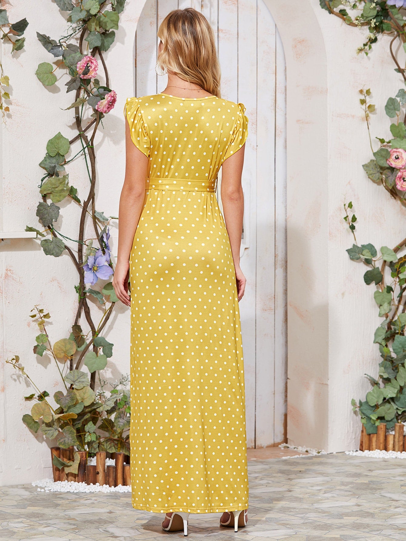 Plunging Neck Polka Dot Belted Maxi Dress