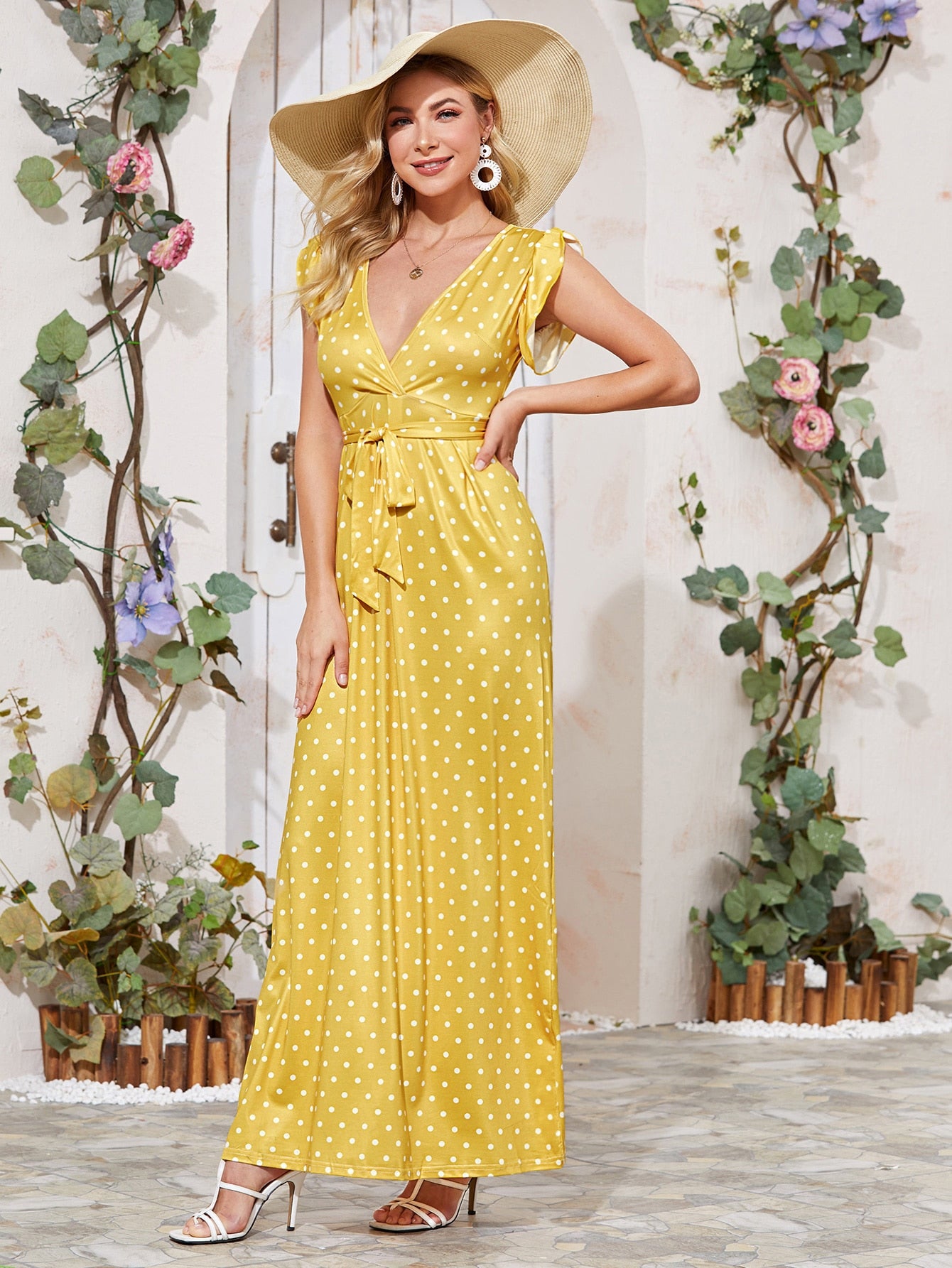 Plunging Neck Polka Dot Belted Maxi Dress