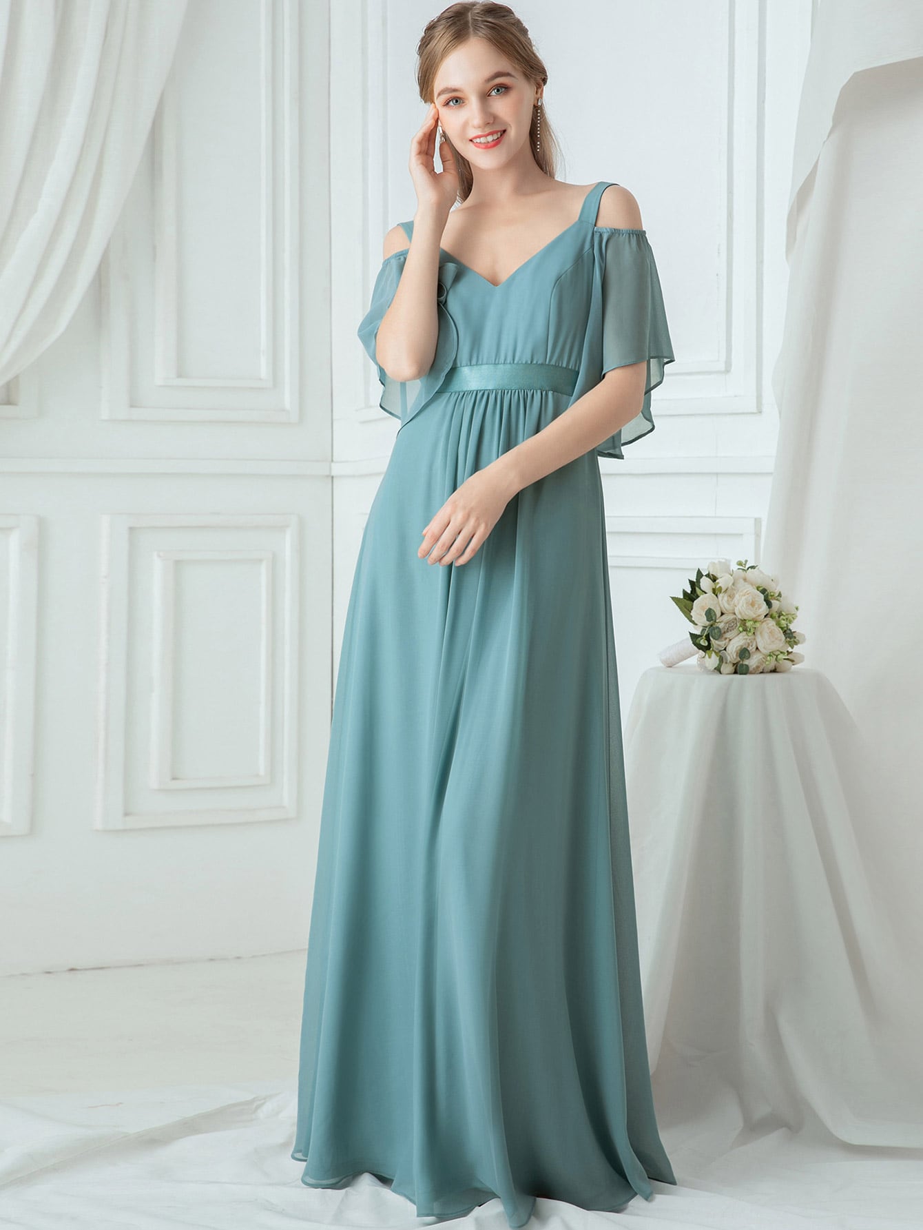 Cold Shoulder Flutter Sleeve Maxi Formal Dress