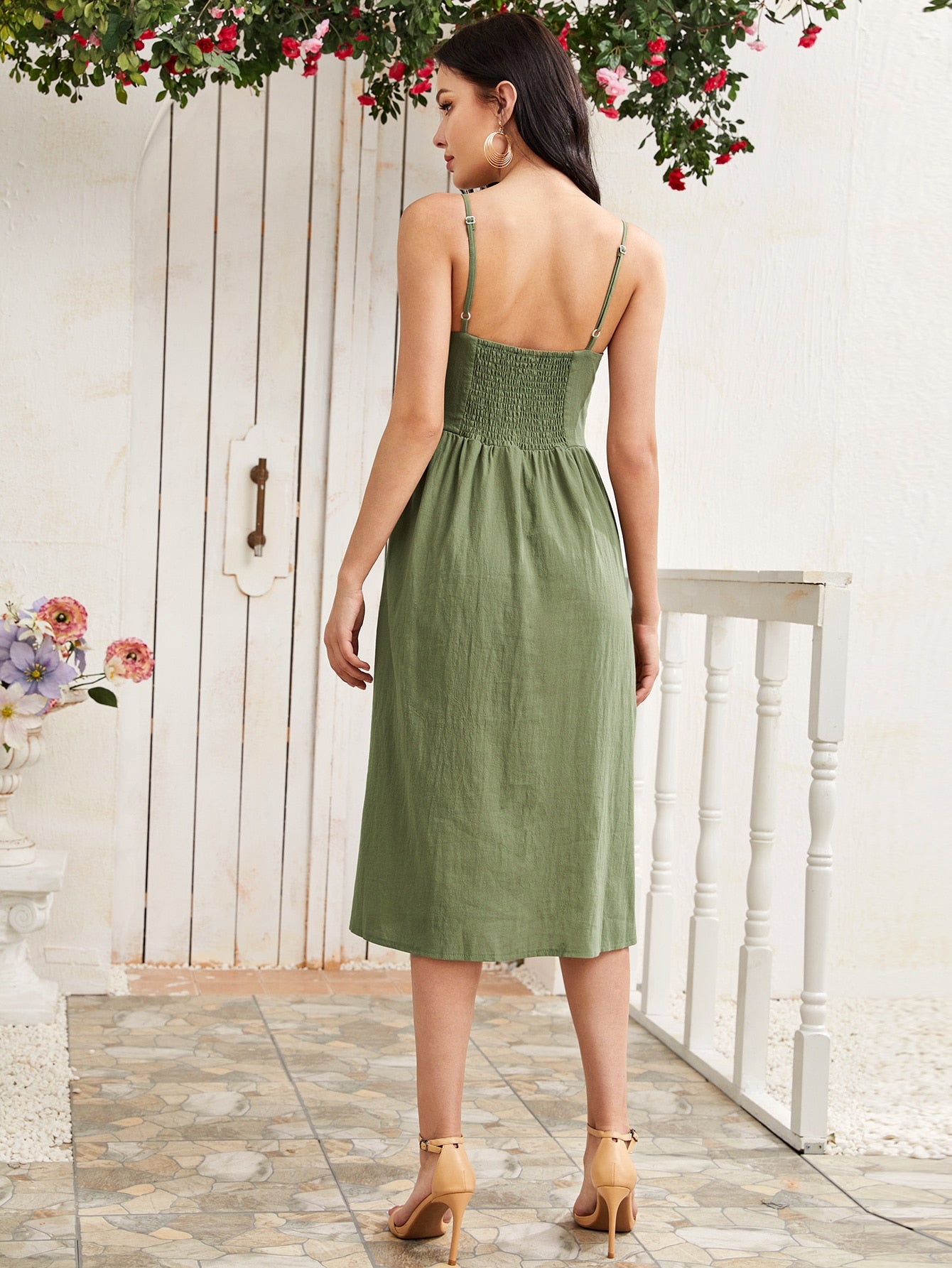 Button Front Shirred Back Cami Dress