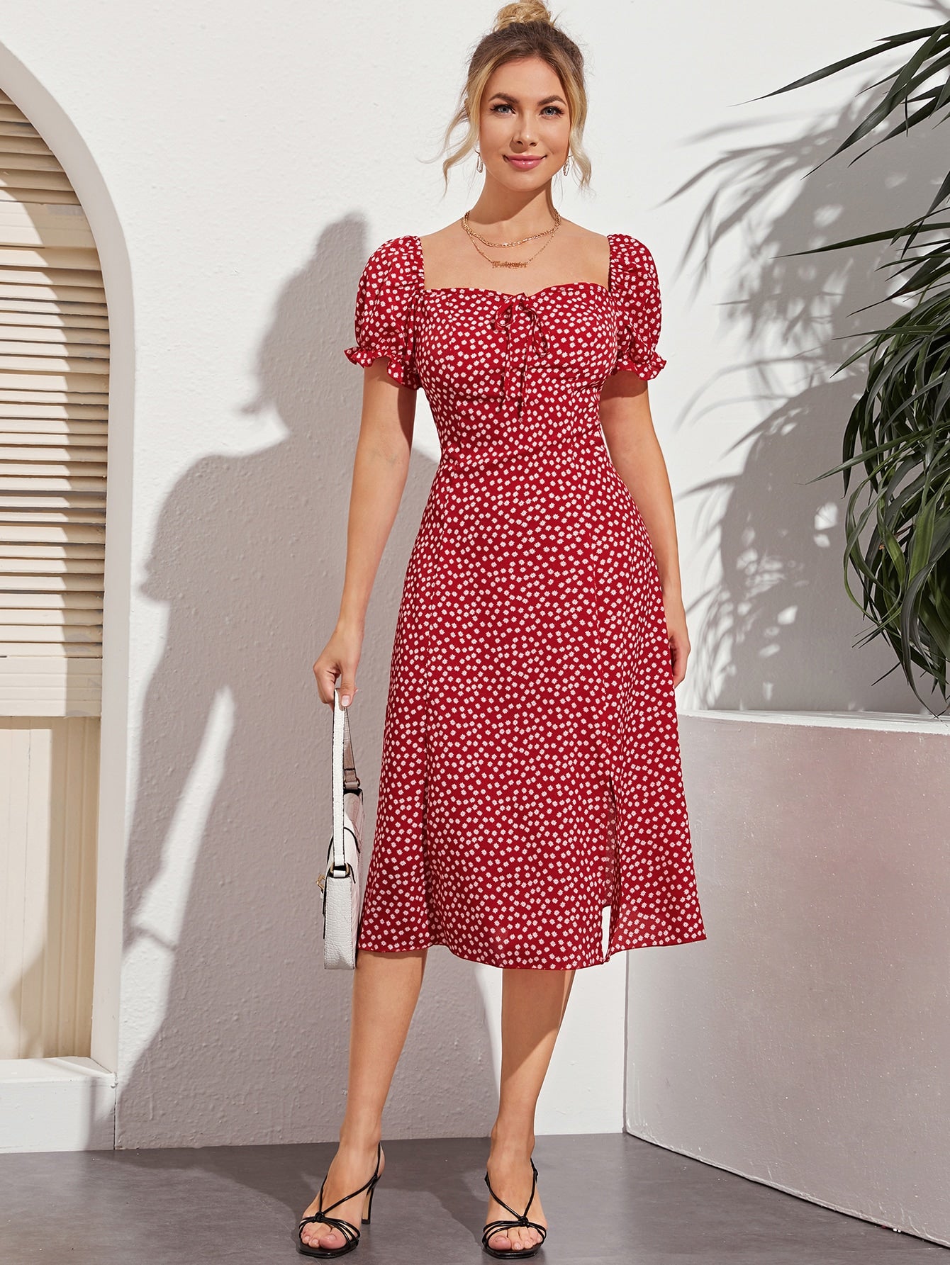 Split Thigh Ditsy Floral Tie Front Milkmaid Dress – Amy's Cart Split Thigh Ditsy Floral Tie Front Milkmaid Dress – Amy's Cart