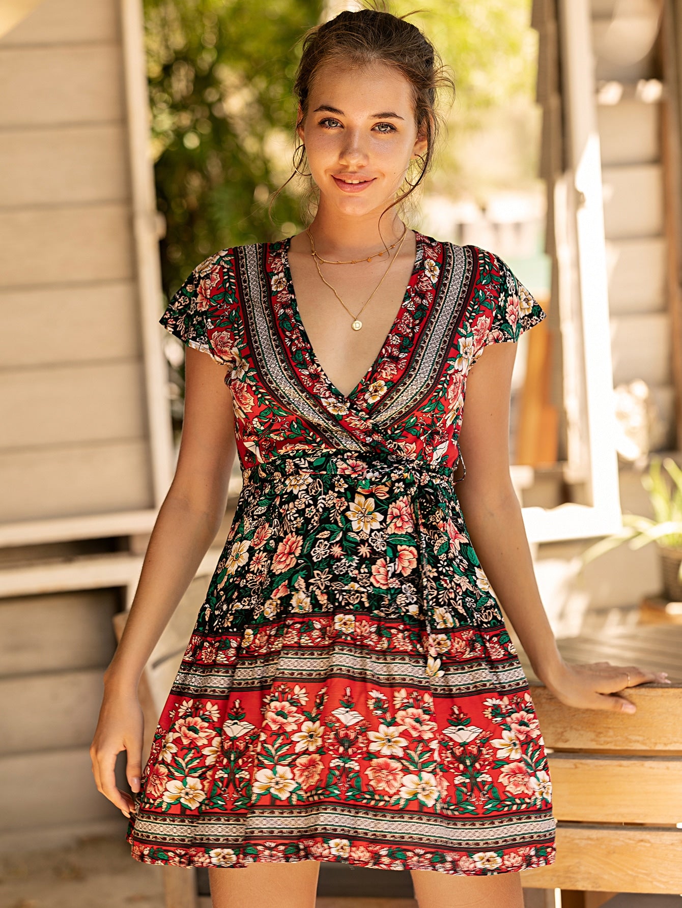 Surplice Neck Floral Print A-line Dress
