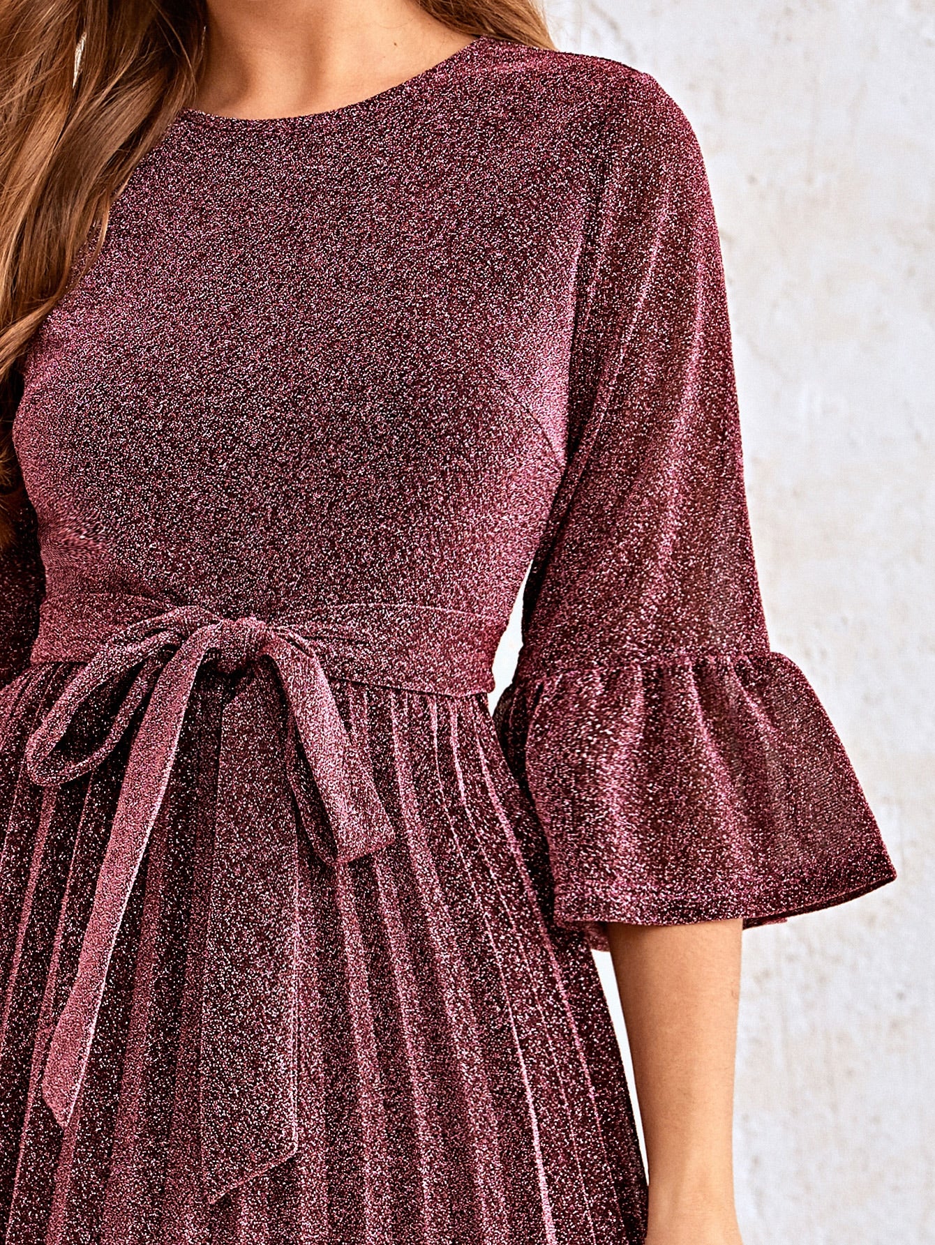 Flounce Sleeve Pleated Hem Belted Glitter Dress