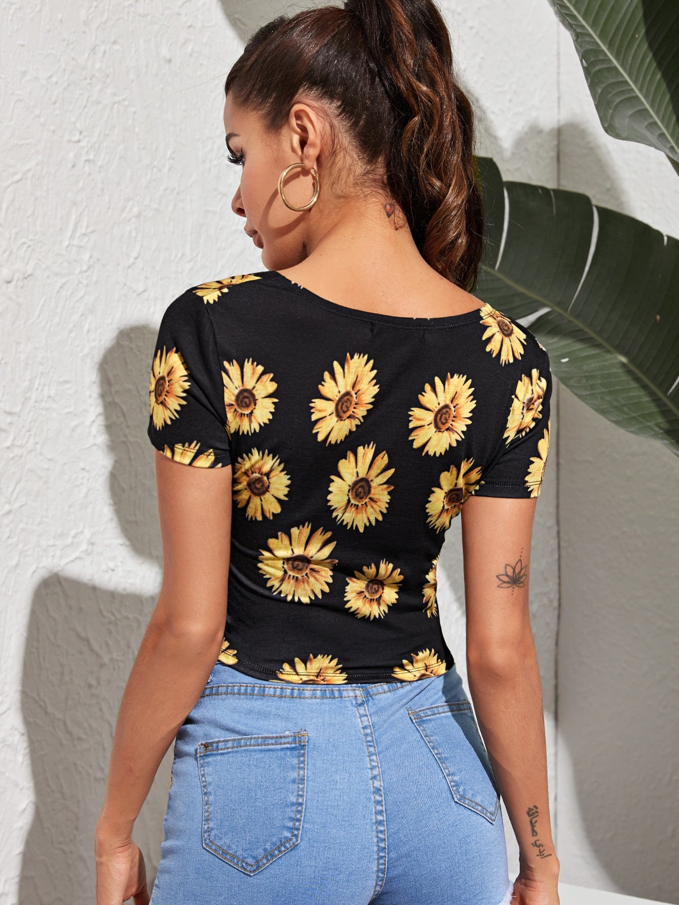 Drawstring Tie Front Sunflower Crop Tee