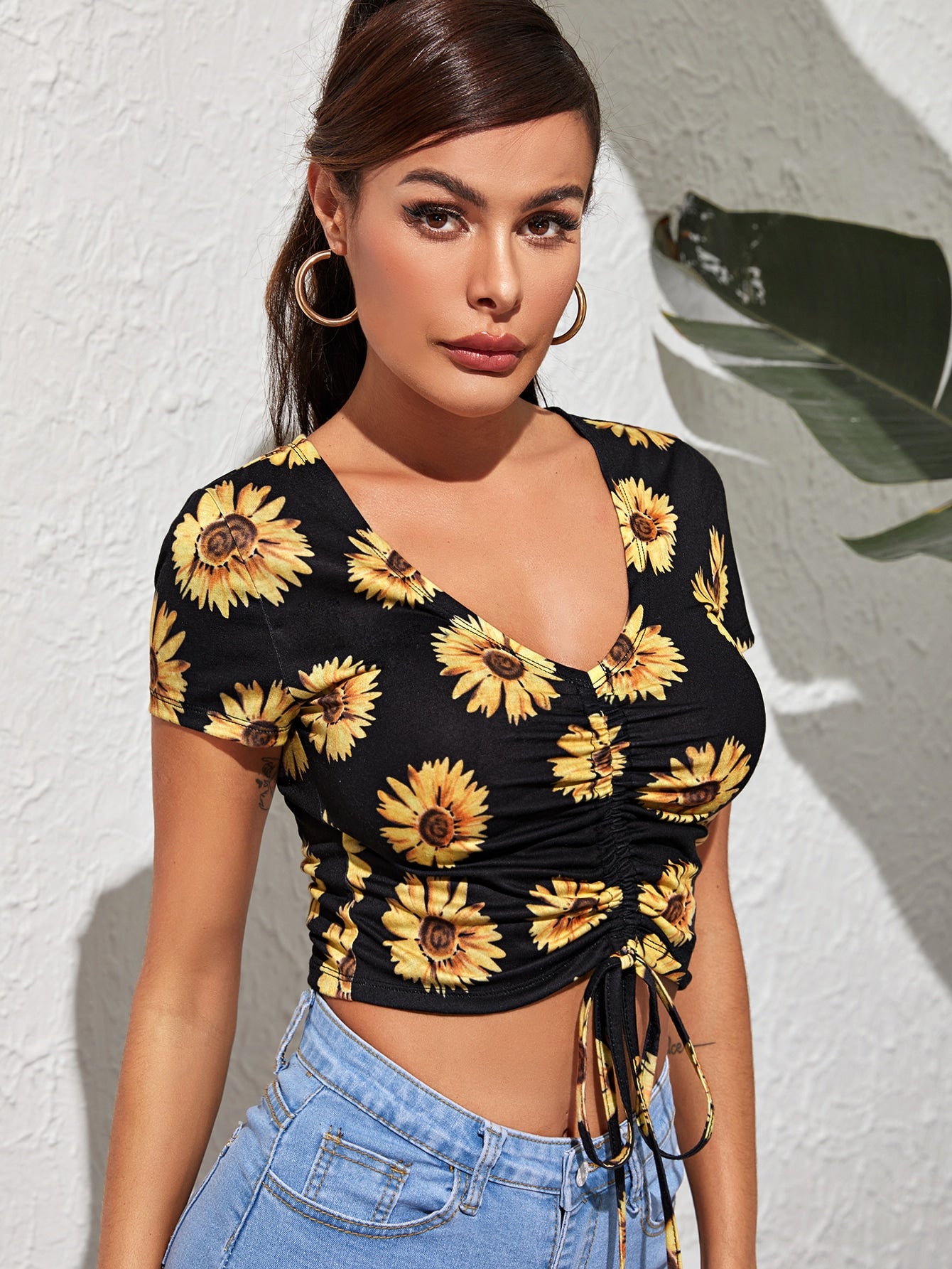Drawstring Tie Front Sunflower Crop Tee
