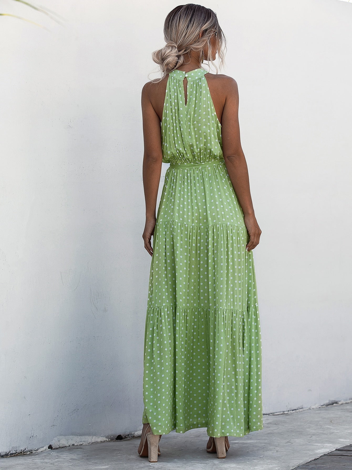 Halter Self Tie Ruffle Hem Polka Dot Dress
