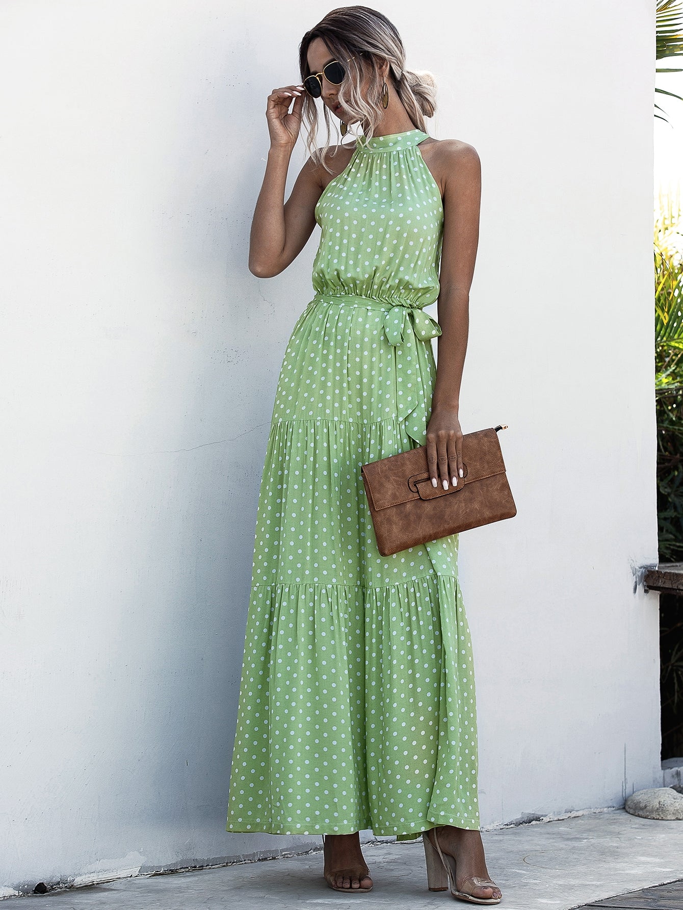 Halter Self Tie Ruffle Hem Polka Dot Dress
