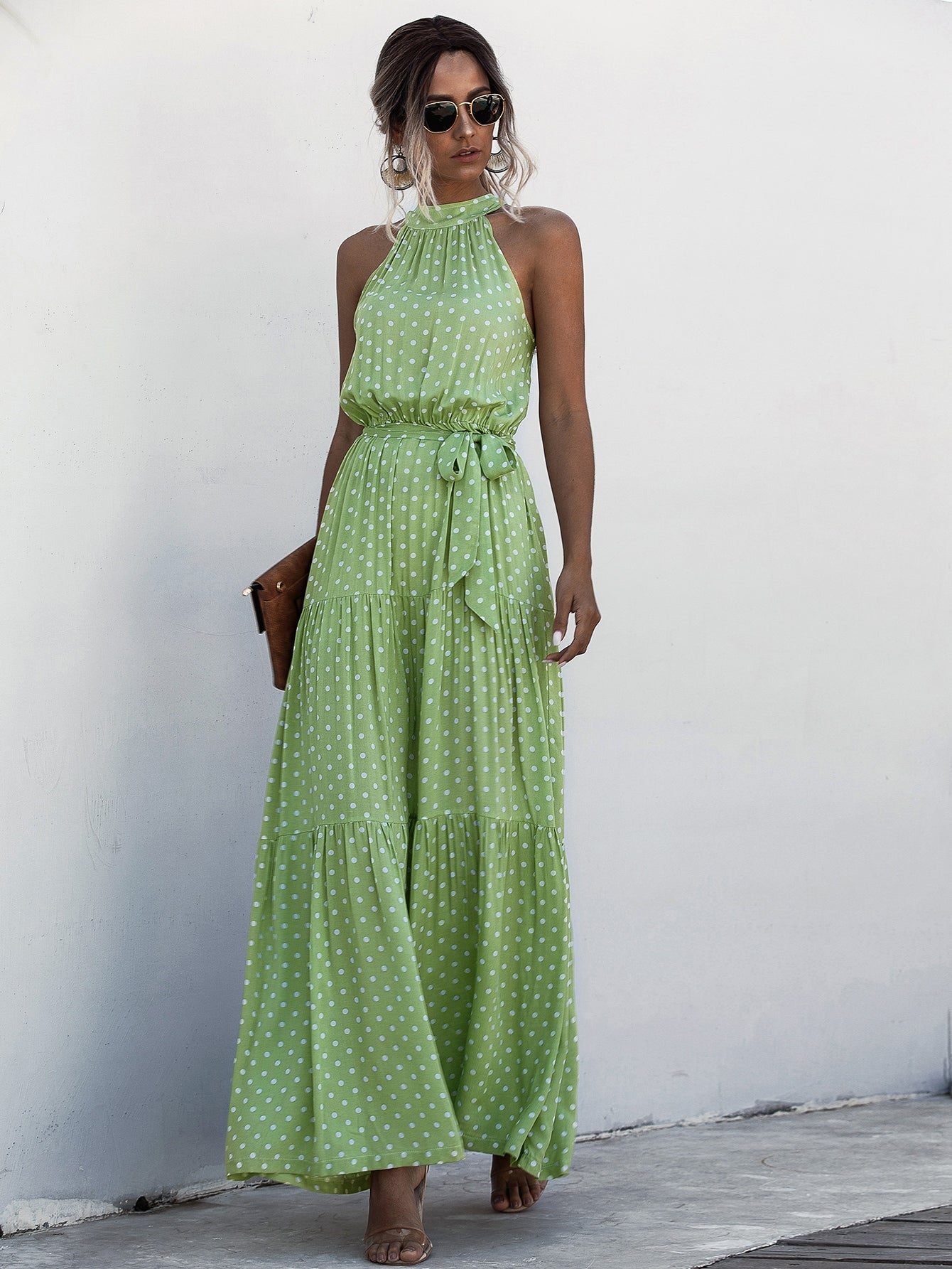 Halter Self Tie Ruffle Hem Polka Dot Dress