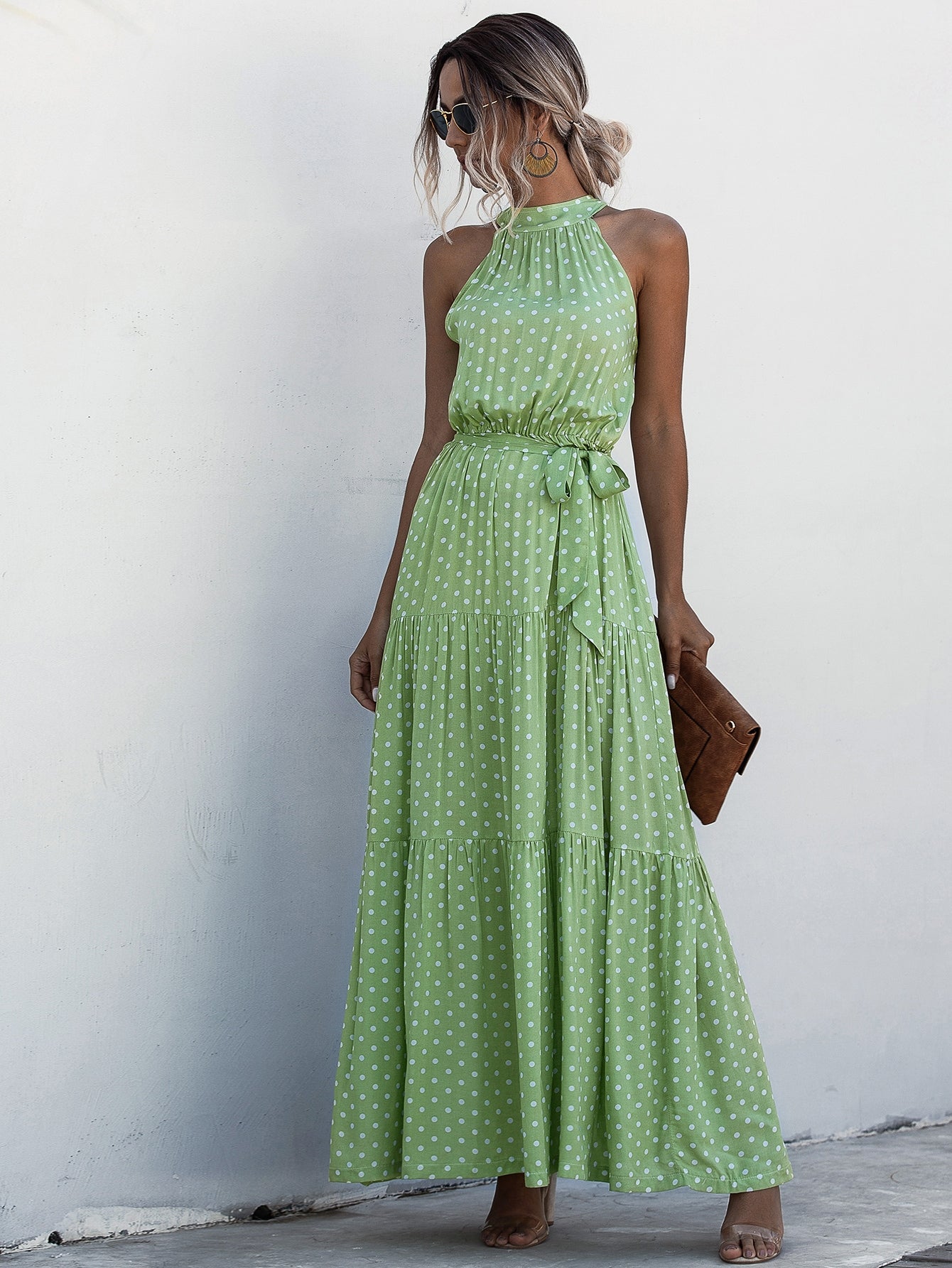 Halter Self Tie Ruffle Hem Polka Dot Dress
