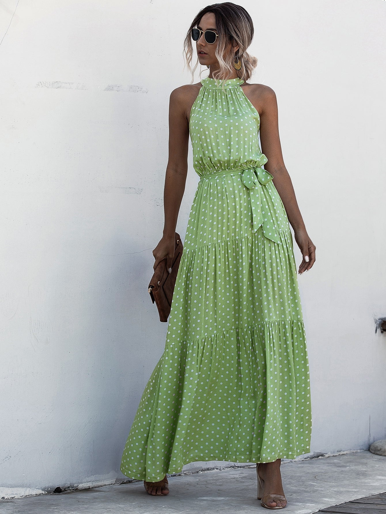 Halter Self Tie Ruffle Hem Polka Dot Dress