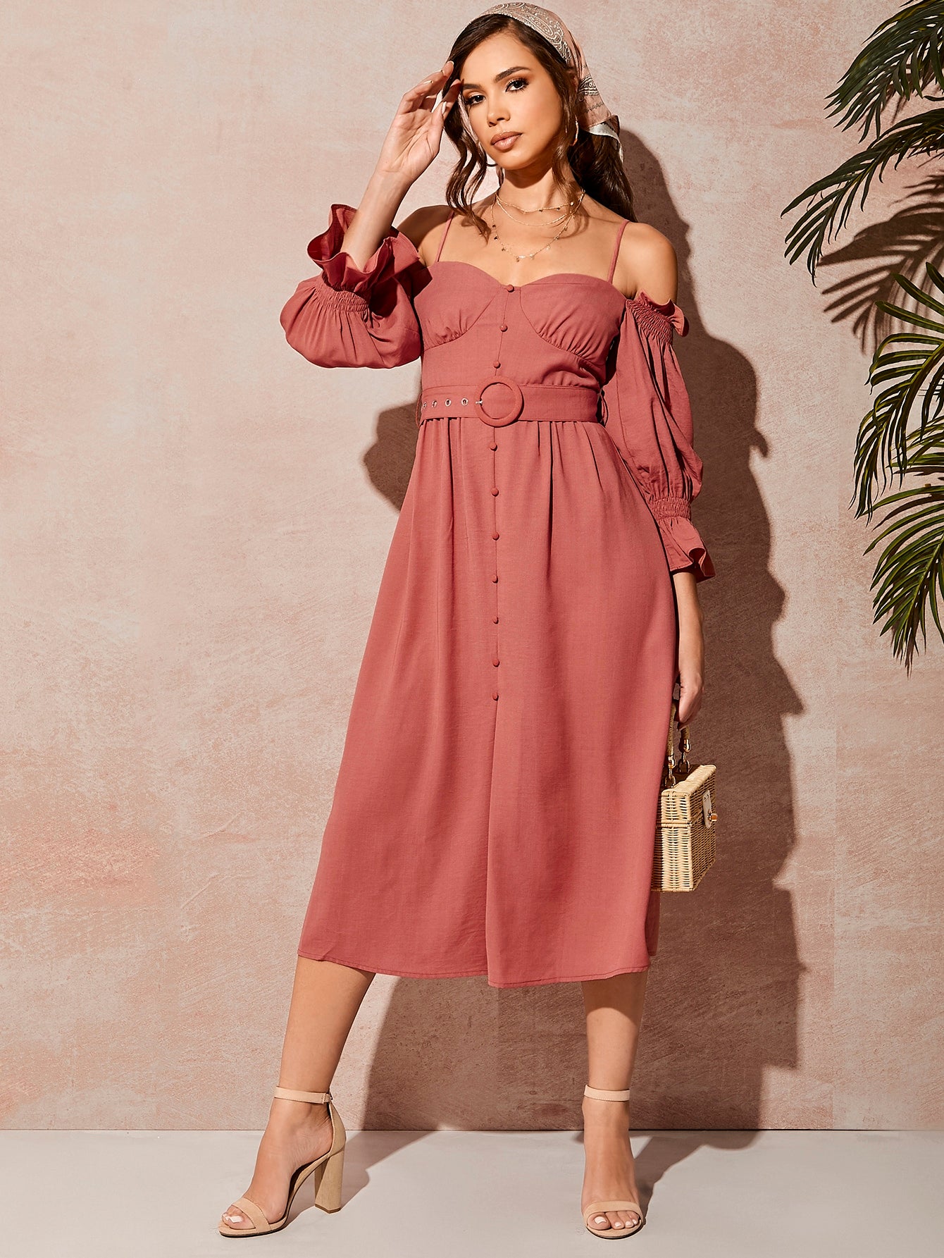 Cold Shoulder Shirred Detail Buttoned Front Dress