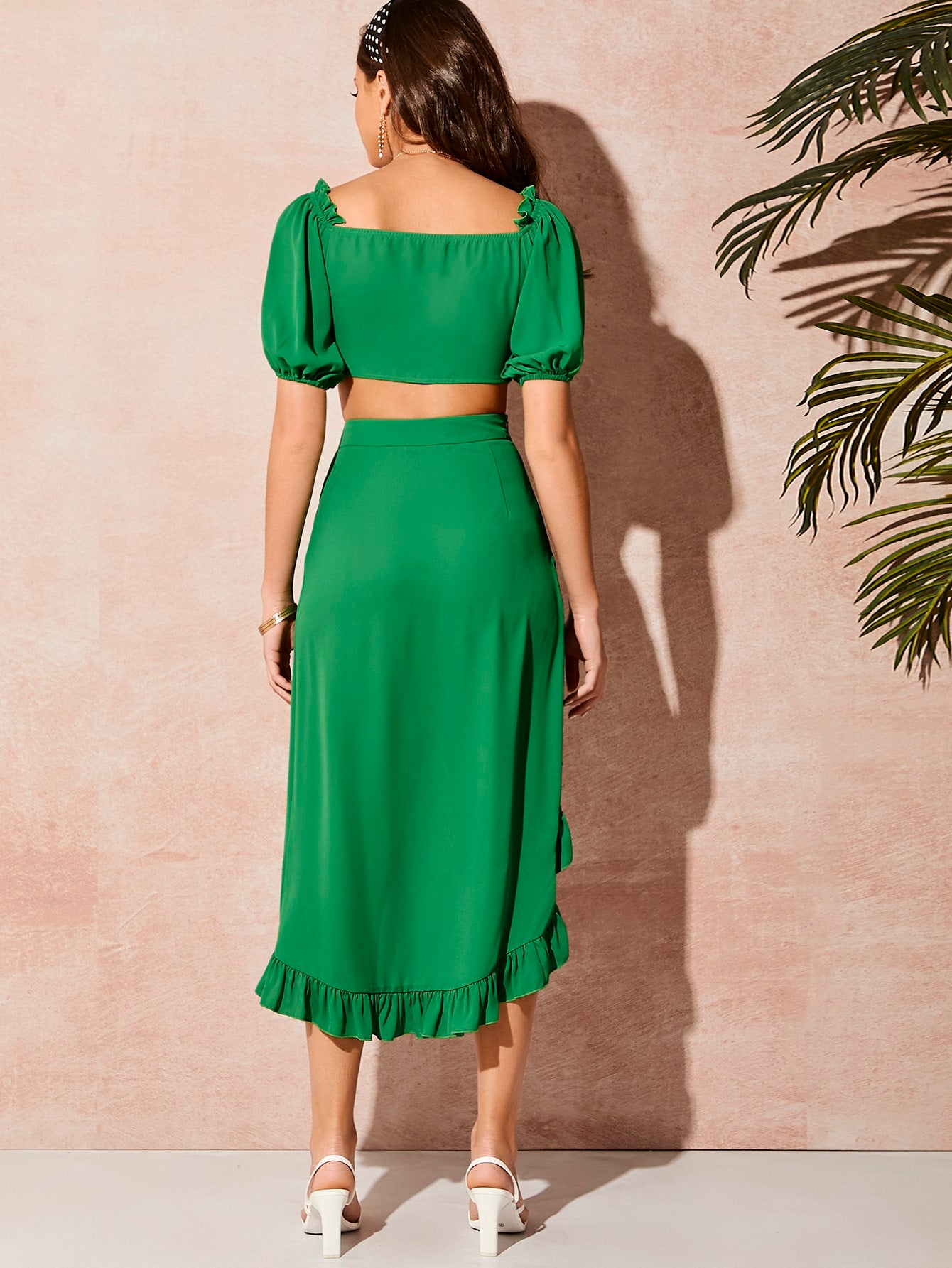Tie Front Crop Top and Wrap Asymmetrical Skirt Set