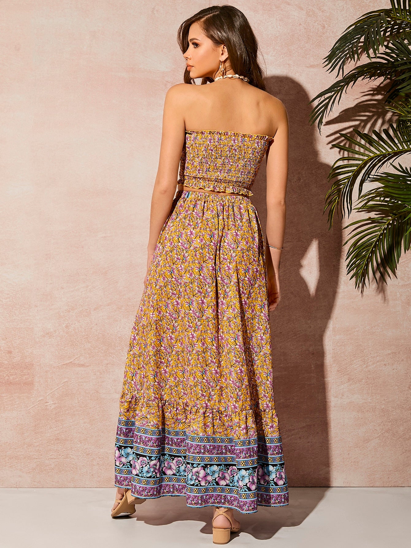 Frill Trim Shirred Tube Top and High Split Skirt